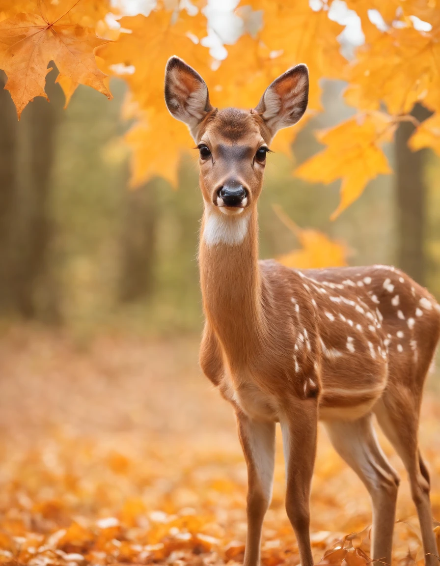 hyperrealistic photo of a cute little deer was eating a maple leaf on a maple branch in a dark maple forest, autumn, eating poses, sunlight, (high quality:1.2), extremely detailed fur, masterpiece, best quality, photograph, dreamlike, face focus, intricate details, sharp focus, photography, photorealism, photorealistic, soft focus, volumetric light, (masterpiece), (intricate details), (hyperdetailed), high detailed, lot of details, high quality, soft cinematic light, dramatic atmosphere, atmospheric perspective, raytracing, subsurface scattering