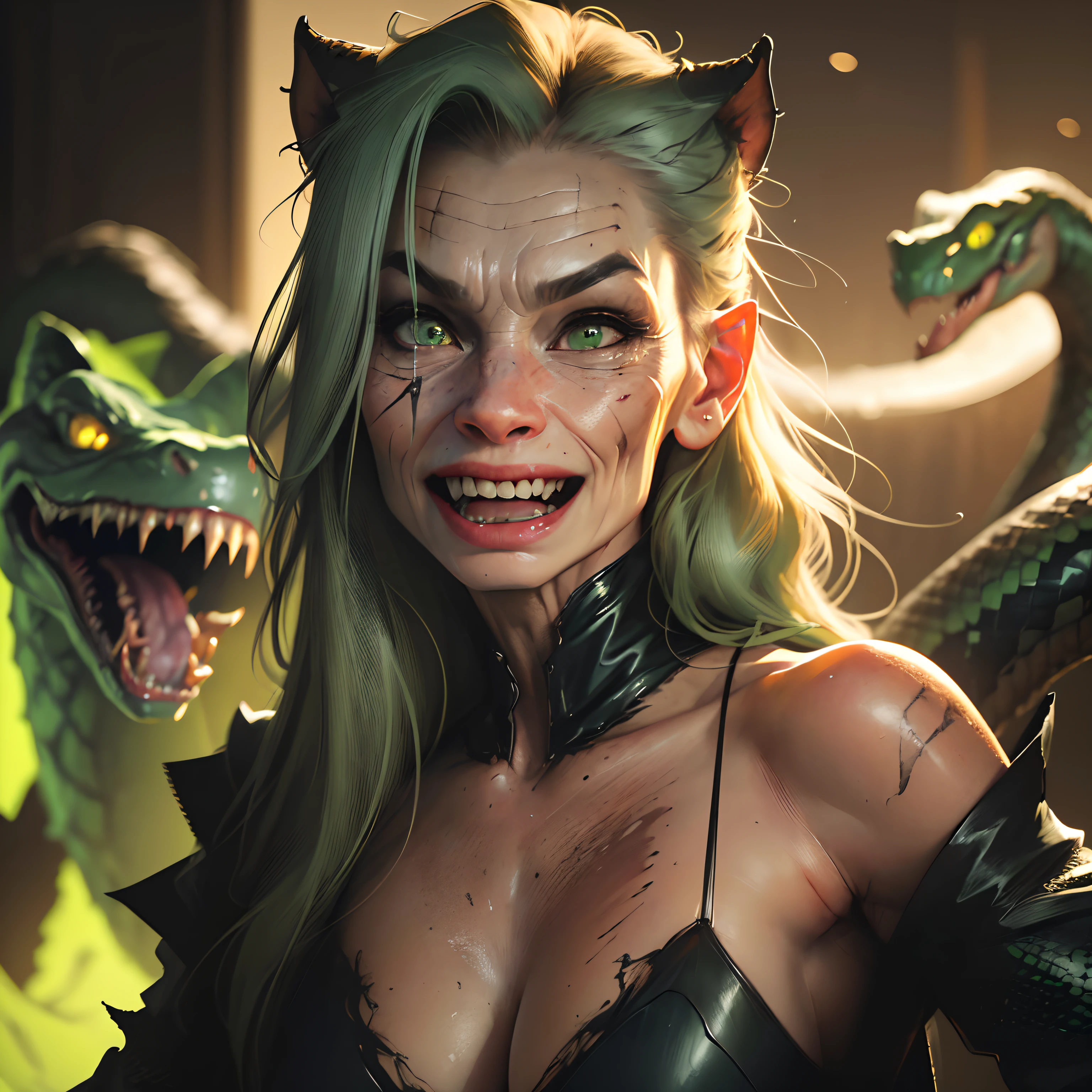 (best quality,hd,highres,masterpiece:1.2),ultra-detailed,(realistic,photorealistic,photo-realistic:1.37),ugly woman with scars on her face,viper's tongue,snake fangs,green light background,aggressive,wrinkled skin,grotesque expression,sharp teeth,piercing eyes,evil grin,facial disfigurement,hideous features