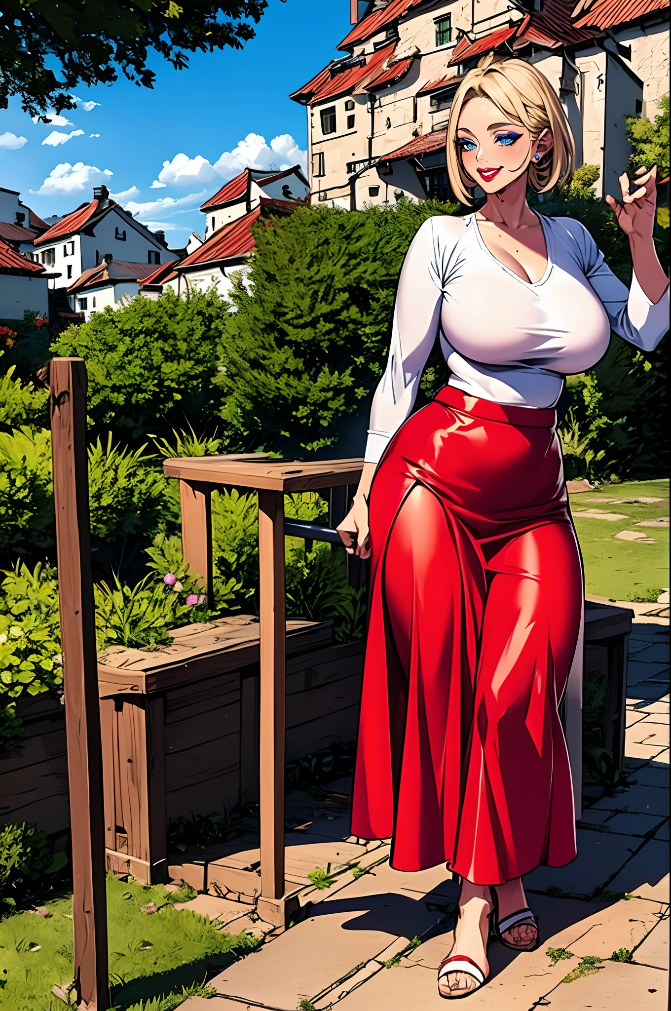 ,bimbo, slim waits, short hair, lipstick, wide hips, huge breasts, , huge breasts, milf,blonde hair, short hair, lipstick, makeup, , (blue eyes), perfect eyes, earrings, smiling, blushing, walking,*priestess, pullover, , walking flipflops, long skirt, medieval clothing, solo, floral crow, staff, wizard, full body, flipflops, medieval village, long robo, long skirt, big skirt,Ancient Chinese architectural style, pant, largen skirt, pants, pantyhose, long skirt, blue, cloths
