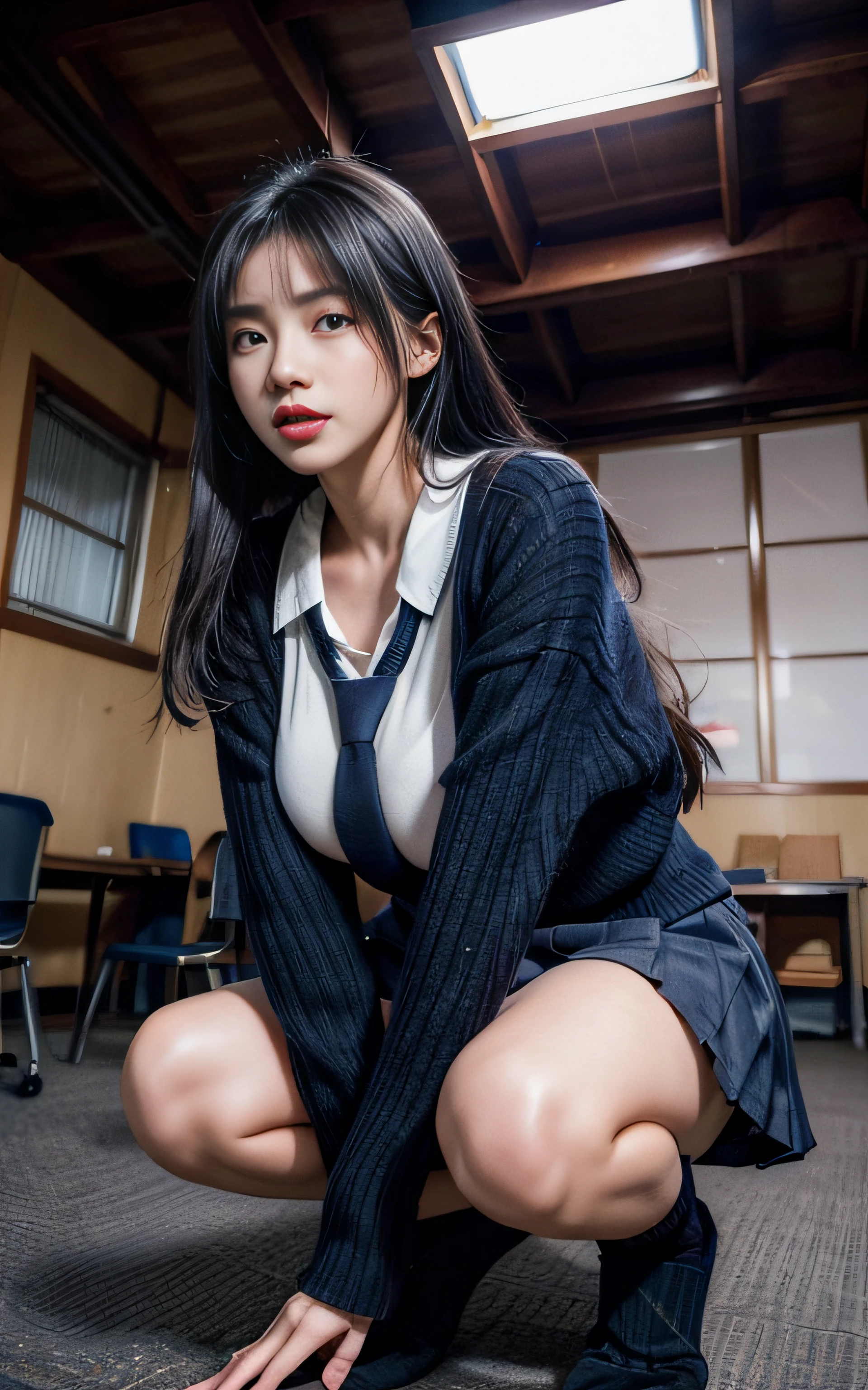tmasterpiece, Big high school girl、eBlue eyes、bright black hair、(School uniforms:1.5)、(M-shaped legs:1.5)、Huge breasts came out、Navy blue socks、Wear uppers、(Bright school classrooms:1.5)peeping at the viewer, Realistis, full body Esbian, radical, highr, (Open with your fingers:1.5)The is very detailed, ahegao, roll eyes, Red blush, Water running in the mouth, Sticky tongue, extremely giant breasts, sexual excitement, sexual expressio, shiny skins、 Crouching, excited, Provocative, ecstasy, (Looking down), looking in camera, suspended ceiling, From below,