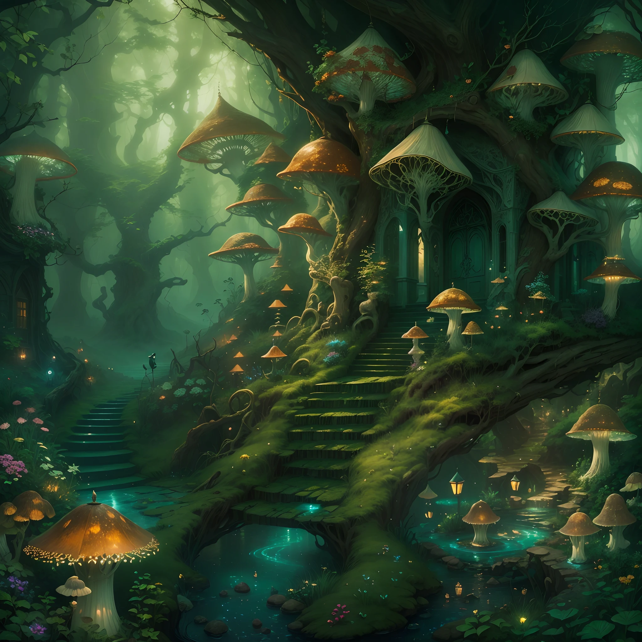 Magical forest, (High-res,Masterpiece:1.2), (Detailed,fine art) textured, (fairytale-like,fantasy) element in, (Lush big breasts,Exquisite) Foliage, (Whimsical,Enchanted) atmosphere,(dream-like)Forest Castle， (Ethereal,Otherworldly) colours, (Dreamlike,wondrous) ambiance, (mysterious,Hidden) Way, (Multicolored) Flowers, (Majestic,elegant) green trees, (fanciful,Enchanted) Creatures, (Peaceful,serene) silence, (Intricate,Delicate) branches, (gentle,Nonsense) small stream, (Celestial,magical) sky, (mistic,spellbinding) energy, (Fantastical,Enchanted) architecture, (Airy,Ethereal) atmosphere, (spellbinding,mesmerising) Charm, (mysterious,Alluring) Heavy fog, Mushrooms, (Enchanted,magical) Artifacts, (attractive cleavage,spellbinding) Spells.