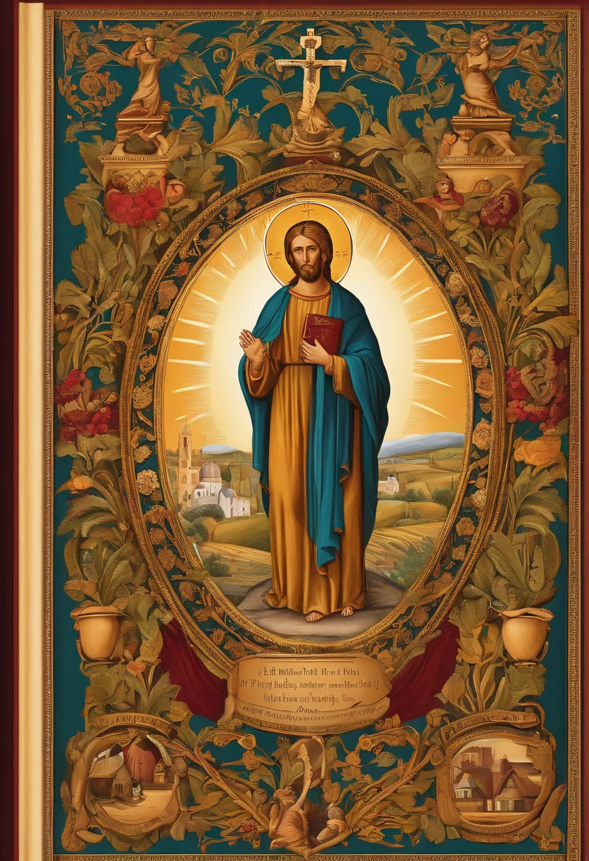 The narrator is a young Christian with an engaging expression and a warm smile. Il est debout, tenant une Bible ouverte dans une main et levant l'autre main en signe d'encouragement. behind, There are symbols of the Christian faith, such as a cross and a church, to strengthen its role in spiritual inspiration