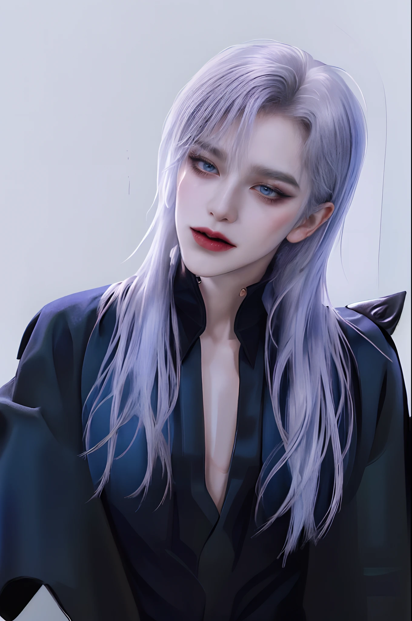 ((4K works))、masterpiece、(top-quality)、((high-level image quality))、((One beautiful vampire woman))、Slim body、((Vampire Black Y-Shirt Fashion))、(Detailed beautiful eyes)、((Black wall background))、((crows))、((Face similar to Chaewon in Ruseraphim))、((shoulder-length hair))、((bright and beautiful silver hair))、((Smaller face))、((Neutral face))、((Light blue eyes))、((Korean Women))、((18year old))、((Wild Lady))、((Show your teeth and smile))、((Korean makeup with black eyeshadow))、((elongated and sharp eyes))、((Shot alone))、((Vampires))、((Vampire Woman))、Vampire Photos、Villain、Dark Proof、((Dark Filter))、((Shot diagonally from the side))、Vampire Pose