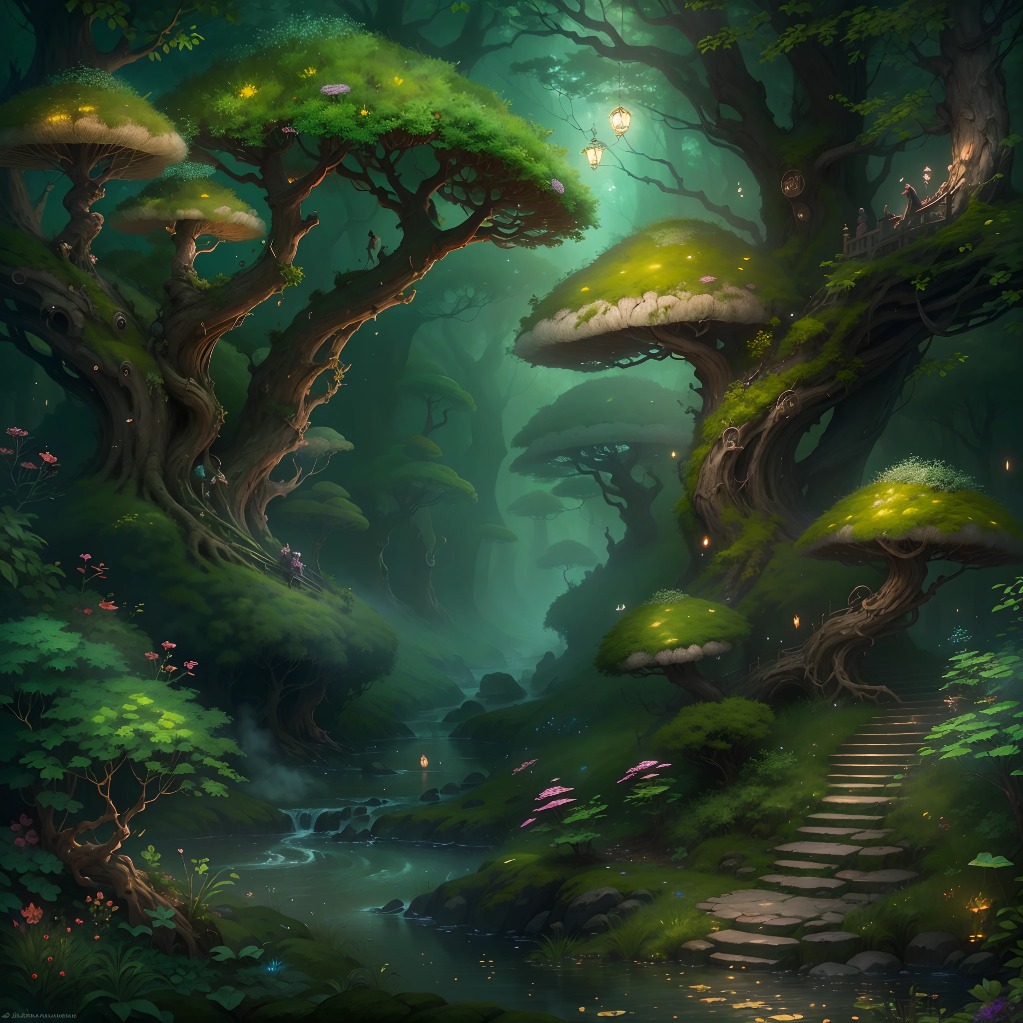 Magical forest, (High-res,Masterpiece:1.2), (Detailed,fine art) textured, (fairytale-like,fantasy) element in, (Lush big breasts,Exquisite) Foliage, (Whimsical,Enchanted) atmosphere, (Ethereal,Otherworldly) colours, (Dreamlike,wondrous) ambiance, (mysterious,Hidden) Way, (Multicolored) Flowers, (Majestic,elegant) green trees, (fanciful,Enchanted) Creatures, (Peaceful,serene) silence, (Intricate,Delicate) branches, (gentle,Nonsense) small stream, (Celestial,magical) sky, (mistic,spellbinding) energy, (Ancient,Enchanted) 废墟, (Fantastical,Enchanted) architecture, (Airy,Ethereal) atmosphere, (spellbinding,mesmerising) Charm, (mysterious,Alluring) Heavy fog,  Mushrooms, (Enchanted,magical) Artifacts, (attractive cleavage,spellbinding) Spells.