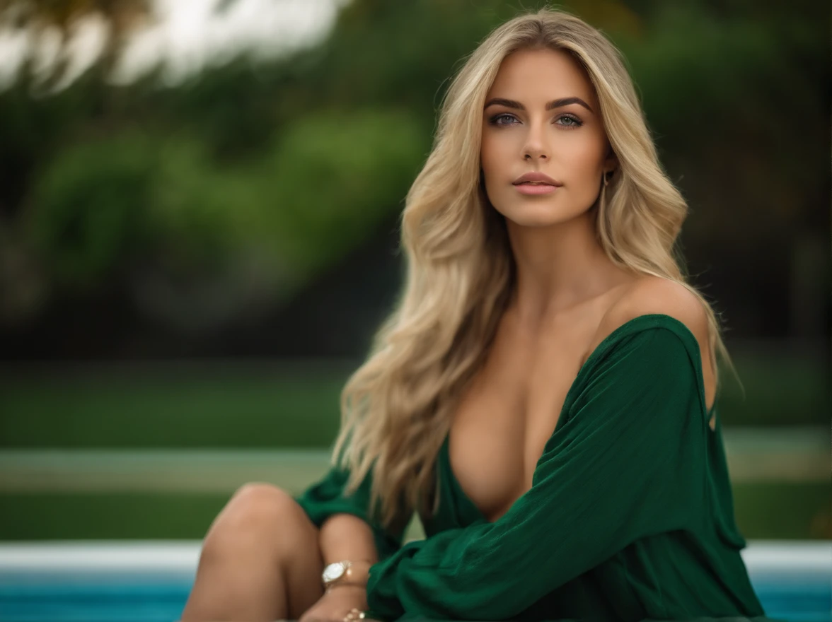 Mujer rubia con ojos verdes y sin ropa, muy sexy, joven, piernas largas, joven rubia, cabello rubio y ojos grandes, Young woman about 24 years old. influencia, latina, fondo piscina.