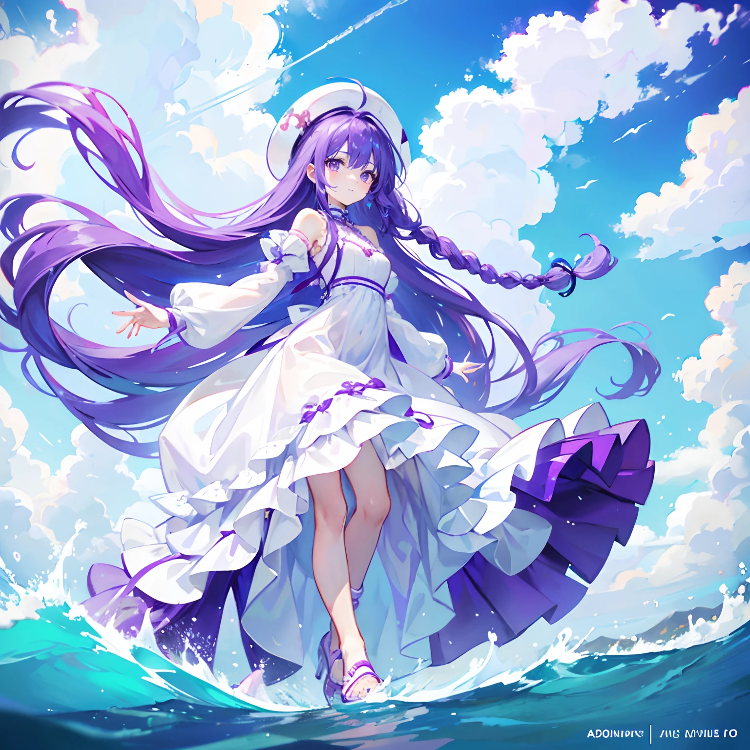 Purple colored hair,long whitr hair,Purple eyes,Twist braids,adolable,teens girl,White gorgeous beautiful dress,Wearing white high heels on his feet,Stand with your feet in the water,fully body photo,All body,Fingers and arms are not exposed,background ocean,with blue sky and white clouds,Happy expression,Cute gestures