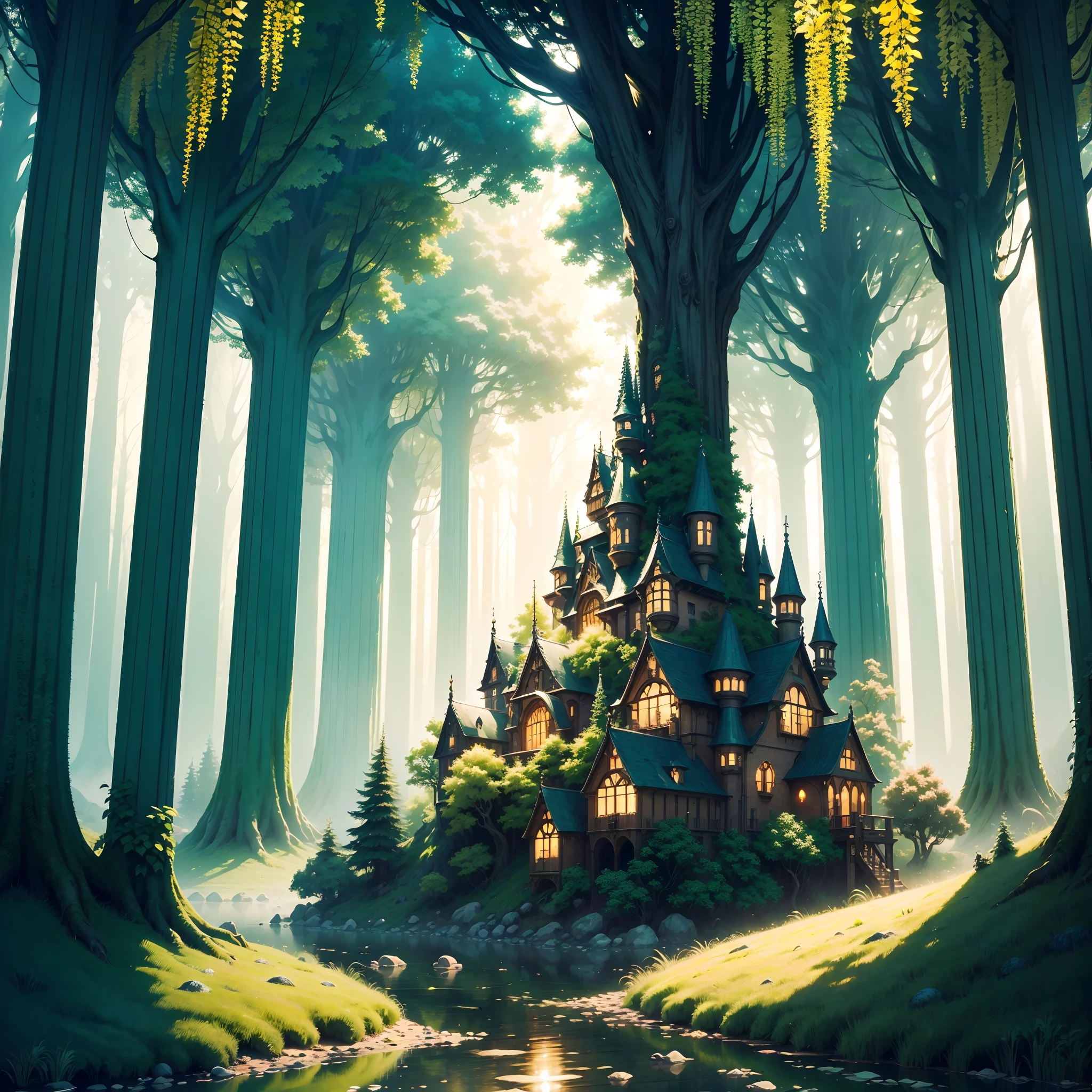 Magical forest, (High-res,Masterpiece:1.2), (Detailed,fine art) textured, (fairytale-like,fantasy) element in, (Lush big breasts,Exquisite) Foliage, (Whimsical,Enchanted) atmosphere,(dream-like)Forest Castle， (Ethereal,Otherworldly) colours, (Dreamlike,wondrous) ambiance, (mysterious,Hidden) Way, (Multicolored) Flowers, (Majestic,elegant) green trees,  (Peaceful,serene) silence, (Intricate,Delicate) branches, (gentle,Nonsense) small stream, (Celestial,magical) sky, (mistic,spellbinding) energy, (Fantastical,Enchanted) architecture, (Airy,Ethereal) atmosphere, (spellbinding,mesmerising) Charm, (mysterious,Alluring) Heavy fog, Mushrooms, (Enchanted,magical) Artifacts, (attractive cleavage,spellbinding) Spells.