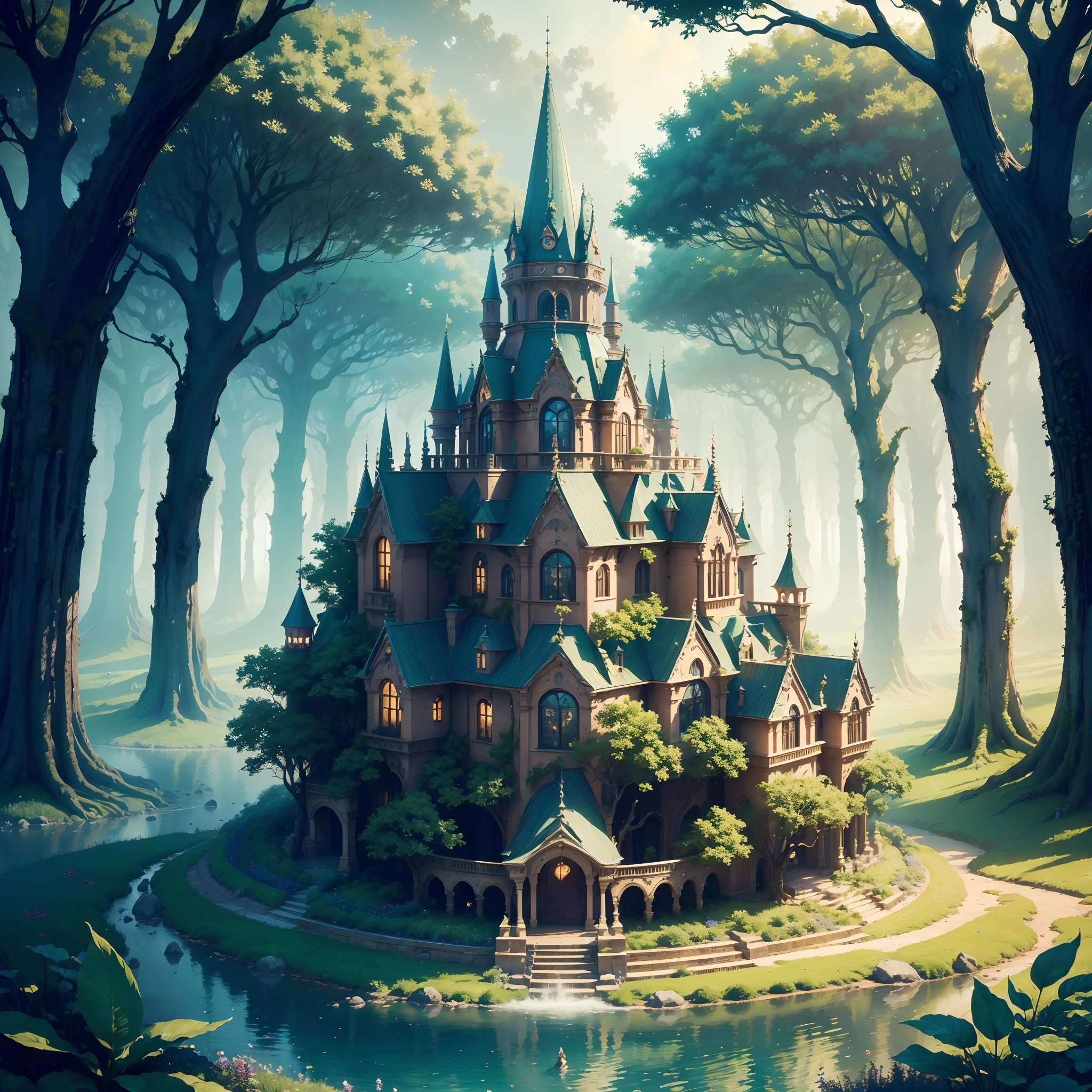 Magical forest, (High-res,Masterpiece:1.2), (Detailed,fine art) textured, (fairytale-like,fantasy) element in, (Lush big breasts,Exquisite) Foliage, (Whimsical,Enchanted) atmosphere,(dream-like)Forest Castle， (Ethereal,Otherworldly) colours, (Dreamlike,wondrous) ambiance, (mysterious,Hidden) Way, (Multicolored) Flowers, (Majestic,elegant) green trees,  (Peaceful,serene) silence, (Intricate,Delicate) branches, (gentle,Nonsense) small stream, (Celestial,magical) sky, (mistic,spellbinding) energy, (Fantastical,Enchanted) architecture, (Airy,Ethereal) atmosphere, (spellbinding,mesmerising) Charm, (mysterious,Alluring) Heavy fog, Mushrooms, (Enchanted,magical) Artifacts, (attractive cleavage,spellbinding) Spells.