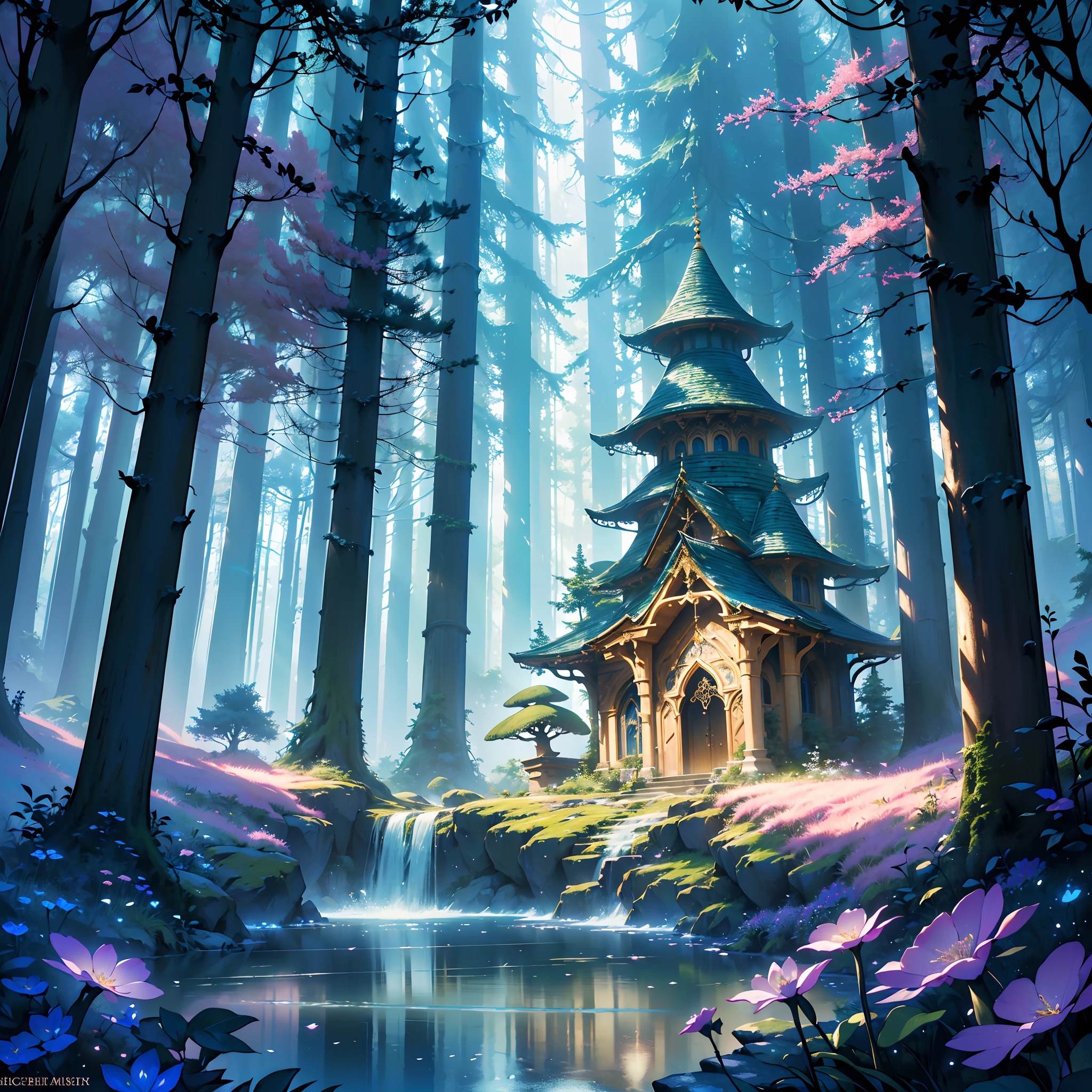 Magical forest, (High-res,Masterpiece:1.2), (Detailed,fine art) textured, (fairytale-like,fantasy) element in, (Lush big breasts,Exquisite) Foliage, (Whimsical,Enchanted) atmosphere,(dream-like)Forest Castle, (Ethereal,Otherworldly) colours, (Dreamlike,wondrous) ambiance, (mysterious,Hidden) Way, (Multicolored) Flowers, (Majestic,elegant) green trees, (Peaceful,serene) silence, (Intricate,Delicate) branches, (gentle,Nonsense) small stream, (Celestial,magical) sky, (mistic,spellbinding) energy, (Fantastical,Enchanted) architecture, (Airy,Ethereal) atmosphere, (spellbinding,mesmerising) Charm, (mysterious,Alluring) Heavy fog, Mushrooms, (Enchanted,magical) Artifacts, (attractive cleavage,spellbinding) Spells.