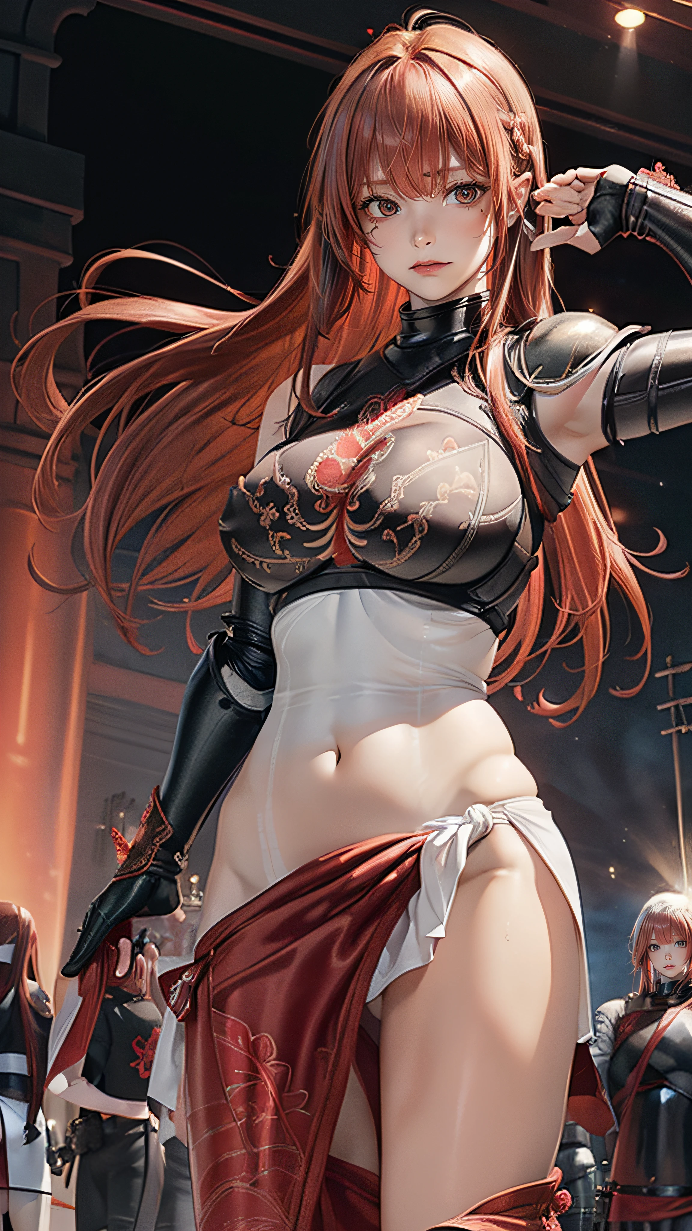 ((from below:1.2),(looking at viewer:1.8)),(1girl,(curvy:1.2),petite,beautiful breasts,(large breasts:1.5),pale skin,pointy breasts,(erect nipples),sweat),((clothed:1.5),leather boots,leather gauntlet,(carbon armor:1.5),(red embroidered white rash guard:1.5),(long silk sarong:1.5))),(((realistic),high resolution,best quality,masterpiece)),((extra long hair:1.5),hair blowing in the wind,blunt bangs,(extra light coppery red hair),hair over one eye),Fighting image,(meadow:1.2)