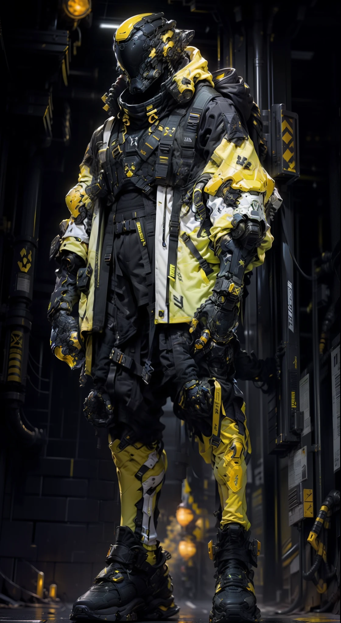 1man, a futuristic-looking man with a fantastic ((square cyberhelmet head with yellow lights)), ((yellow chrome mechanical arms)) and ((iron black mechanical hands)), dressed in a ((yellow techwear jacket)) and a ((black tactical trousers)), wear in a ((yellow shoes)),standing in cyberpunk city, face focus, UHD, anatomically correct, best quality, masterpiece, full body panel