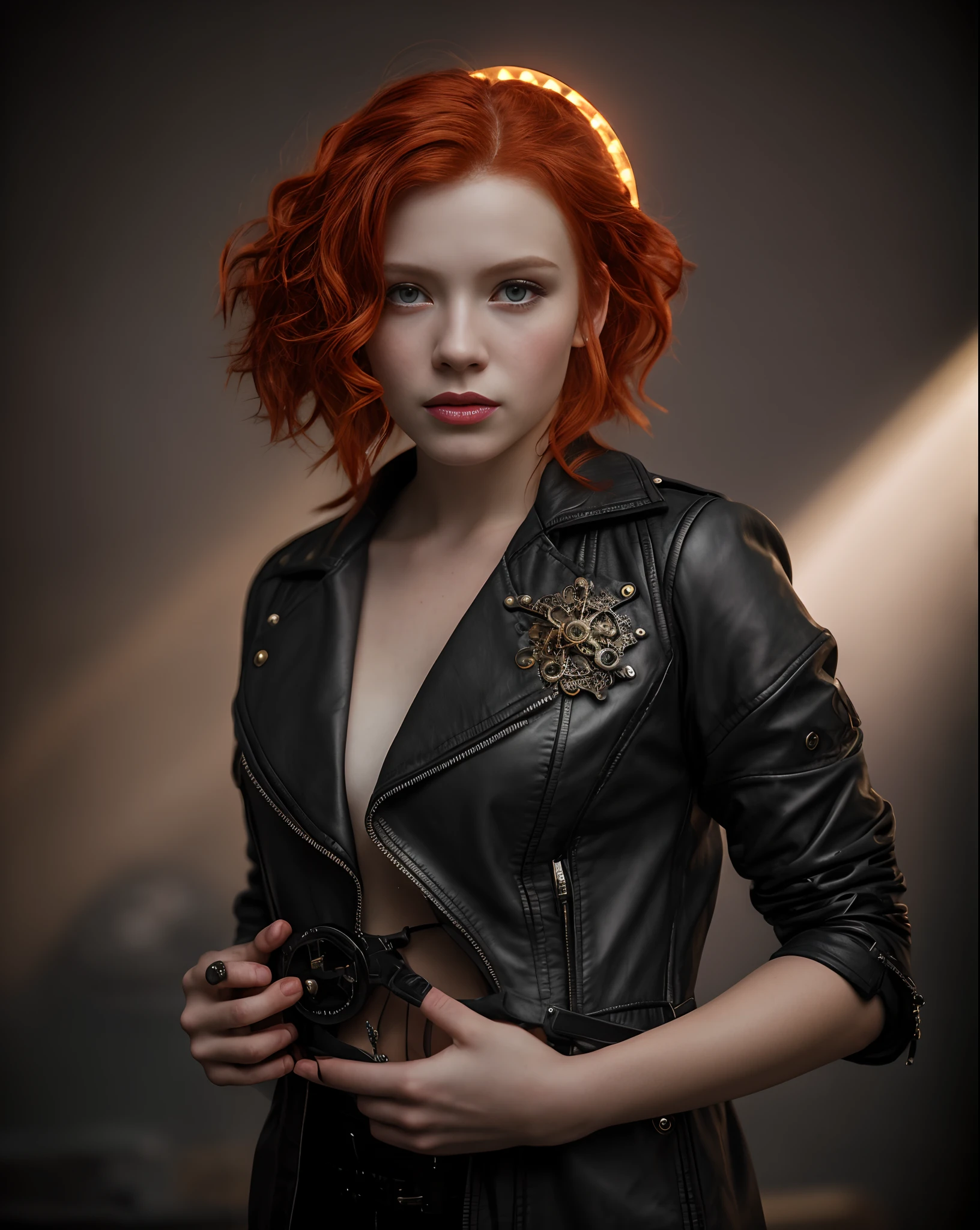 Woman with red hair in steampunk costume , leather jacket, halo around the head, The clothes, with a very sad face and crying, Against the backdrop of a punk rock concert,, , portrait photography, is looking at the camera, снято на Nikon AF-S NIKKOR 14-24mm f/2.Объектив 8G ED, day light, Photos from the nightclub