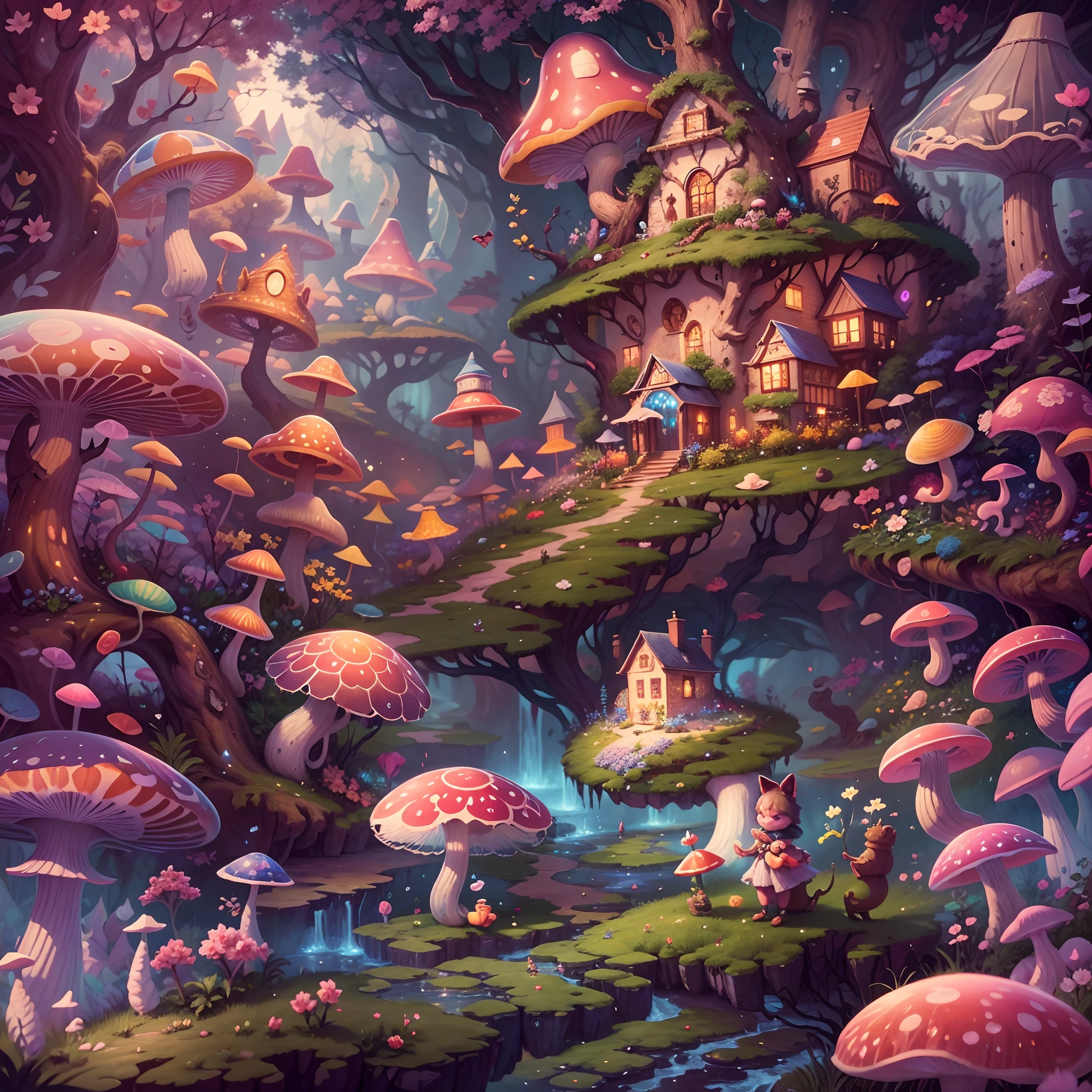 Best quality,4K,8K,A high resolution,Masterpiece:1.2,Ultra-detailed,Realistic:1.37,in wonderland,illustration,colorful landscapes,an enchanted forest,Image in dreams,Curious Alice,Break into a crazy tea party,Cheshire cat's mischievous smile,playingcards,Queen of Hearts Castle,bushes,magic mushrooms,blossoms,Sense of painting,Surreal,imagination,Renaissance inspiration,Soft and warm color palette,dreamatic lighting