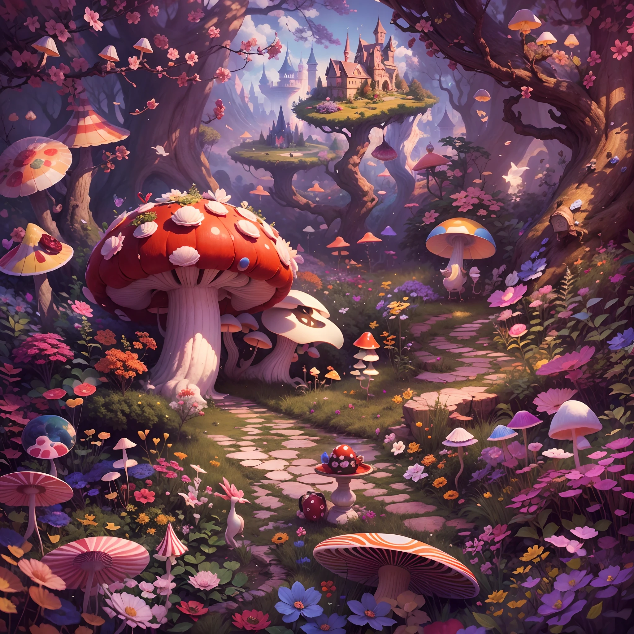 Best quality,4K,8K,A high resolution,Masterpiece:1.2,Ultra-detailed,Realistic:1.37,in wonderland,illustration,colorful landscapes,an enchanted forest,Image in dreams,Curious Alice,Break into a crazy tea party,Cheshire cat's mischievous smile,playingcards,Queen of Hearts Castle,bushes,magic mushrooms,blossoms,Sense of painting,Surreal,imagination,Renaissance inspiration,Soft and warm color palette,dreamatic lighting