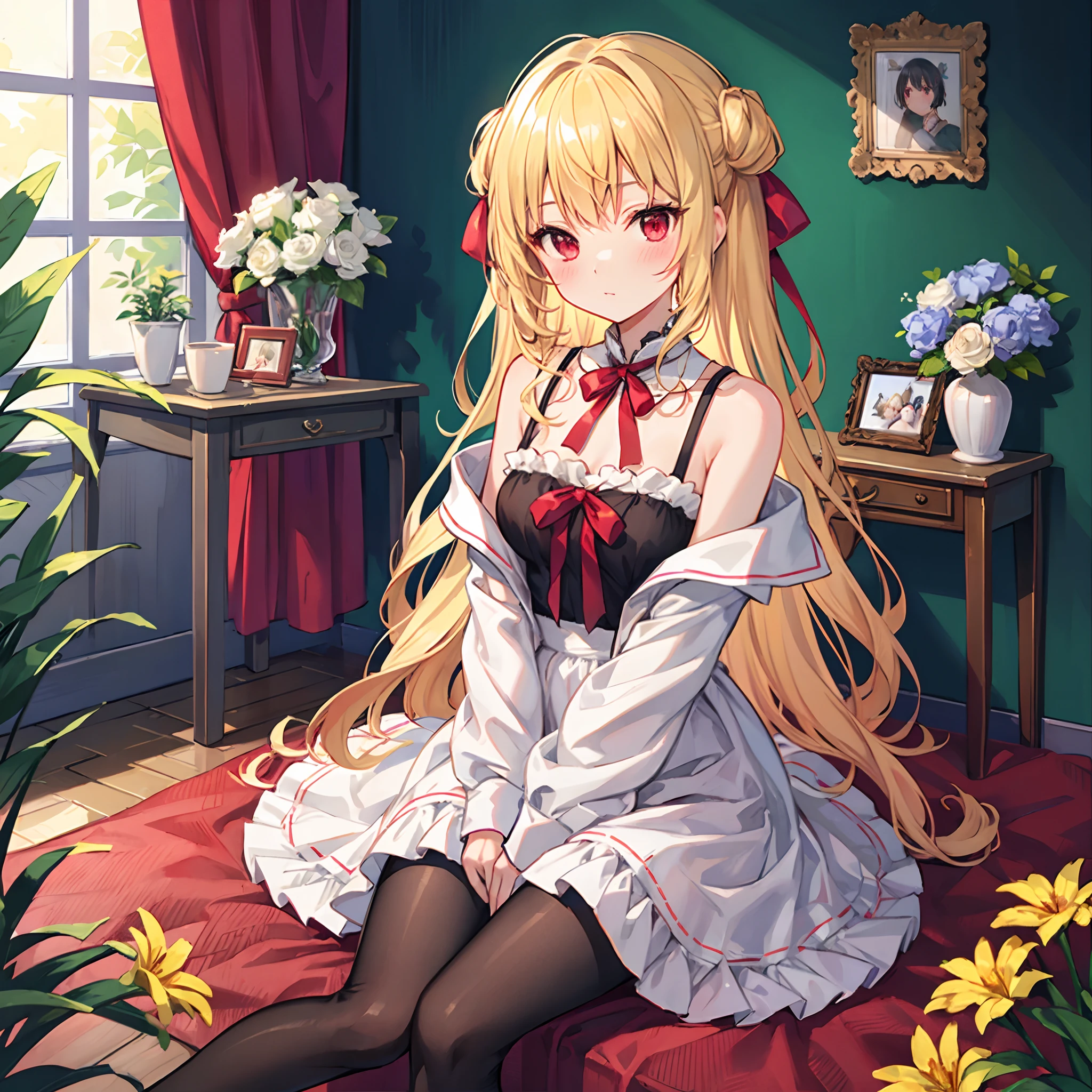Wavy blonde、red eyes、bow ribbon、Beautiful girl alone、red blush、Fluffy clothes、off shoulders、Black tights、Surrounded by flowers、Western-style room、Sitting on the floor