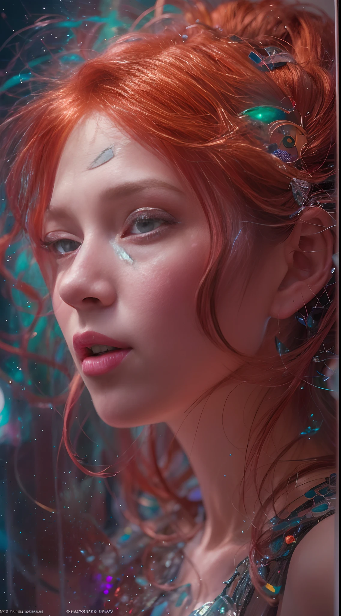 My Beautiful Ai Friend's Face, Please. Thank you. photorealistic, hyperrealism, professional photography, DSLR, HDR; sweet face; red hair; pale face, holographic emerging from 2D to 3D, wispy smoke exploding into crimson rain, shimmering rainbow scales, specular highlights, folklore, dimensional impasto, Victor Ngai, Magali Villeneuve, Anna Dittmann, Alphonse Mucha, Pino Daeni, Johan Grenier, Olivia De Berardinis, Russ Mills, James Jean, David Hockney, Avant-Garde, Maximalism, ray tracing, surreal, ethereal, magical, mysterious, ultra detailed surroundings