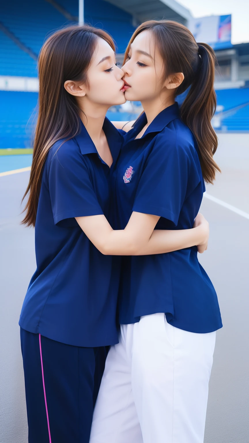 (bestquality,10,10,highres,masterpiece:1.2),ultra-detail,(Realistic,photorealistic portrait,photo-realistic:1.37),1 Cute girl in the football field,oily shiny skin,bara,light smile,BDclothes,((blue shirt:1.3)),short sleeves,Shirt, trousers.,(navy_long_Pants Track:1.1), ((Stadium Background:1.3)),dynamic angle,excited,face focus,Dynamic Poses,from behide,Ass Focus,masterpiece, bestquality, ultra realistic, hyper-detail, 8k resolution, RAW photo, crisp focus, ((Navy blue shirt:1.1)), short sleeves, Long Path, Perfect body, 2 mature women, 18yo, cinematic light,Blue sweatpants,Gymware,Correct anatomy,Complete body, Correct body, sharp face, Anatomically correct body, full entire body, Realistic gestures, long-haired, Realistic poses,Wear long shorts..,Long leg span,Shapely,Sculpting Girl, 2 girls kissing each other , Realistic kissing, mannequin mannequins, Hourglass puppet, Shapely, slim