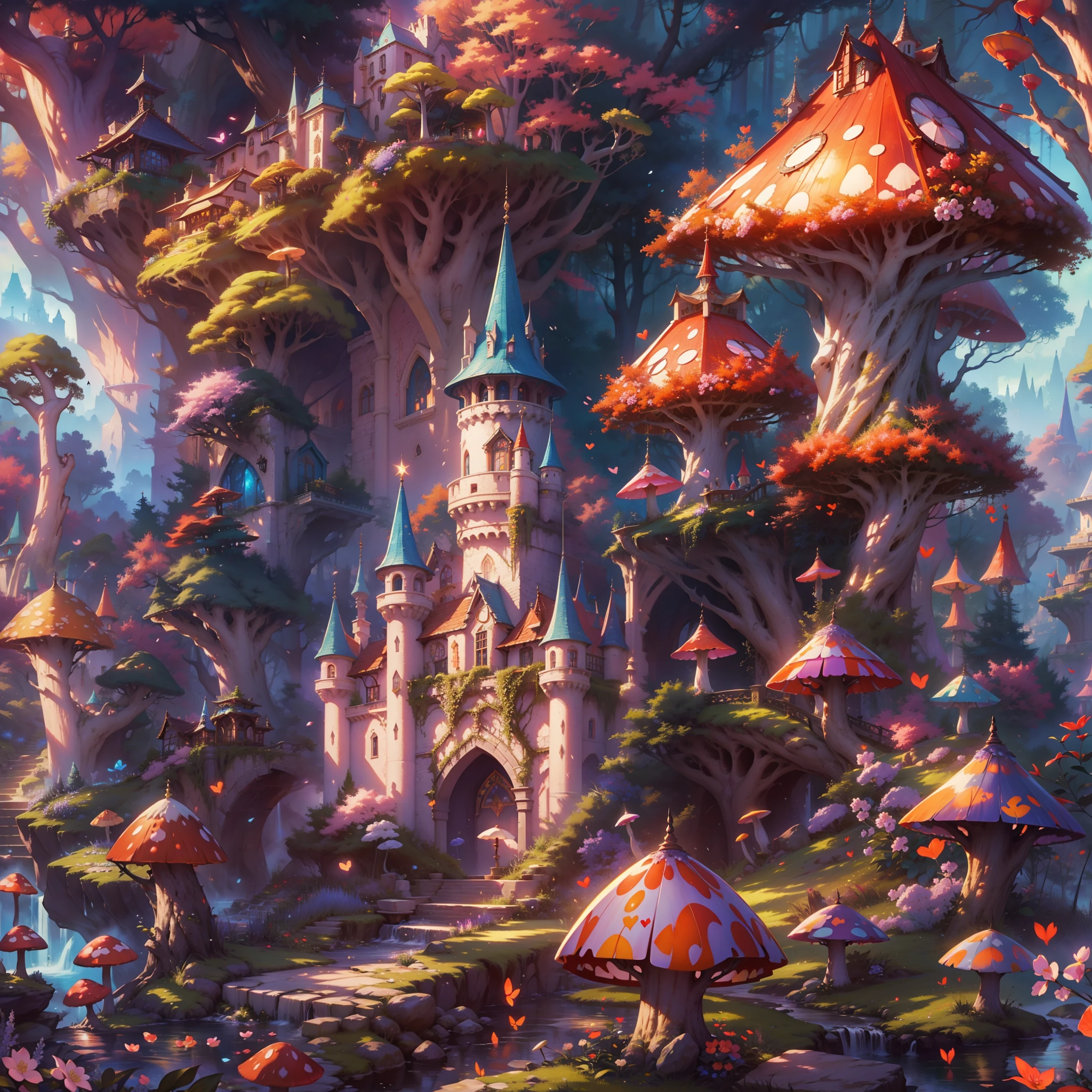 Best quality,4K,8K,A high resolution,Masterpiece:1.2,Ultra-detailed,Realistic:1.37,in wonderland,illustration,colorful landscapes,an enchanted forest,sparklingfairydust,Image in dreams,Queen of Hearts Castle,bushes,magic mushrooms,blossoms,waterfallr,Mystical fog, Sense of painting,Surreal,imagination,Renaissance inspiration,Soft and warm color palette,dreamatic lighting