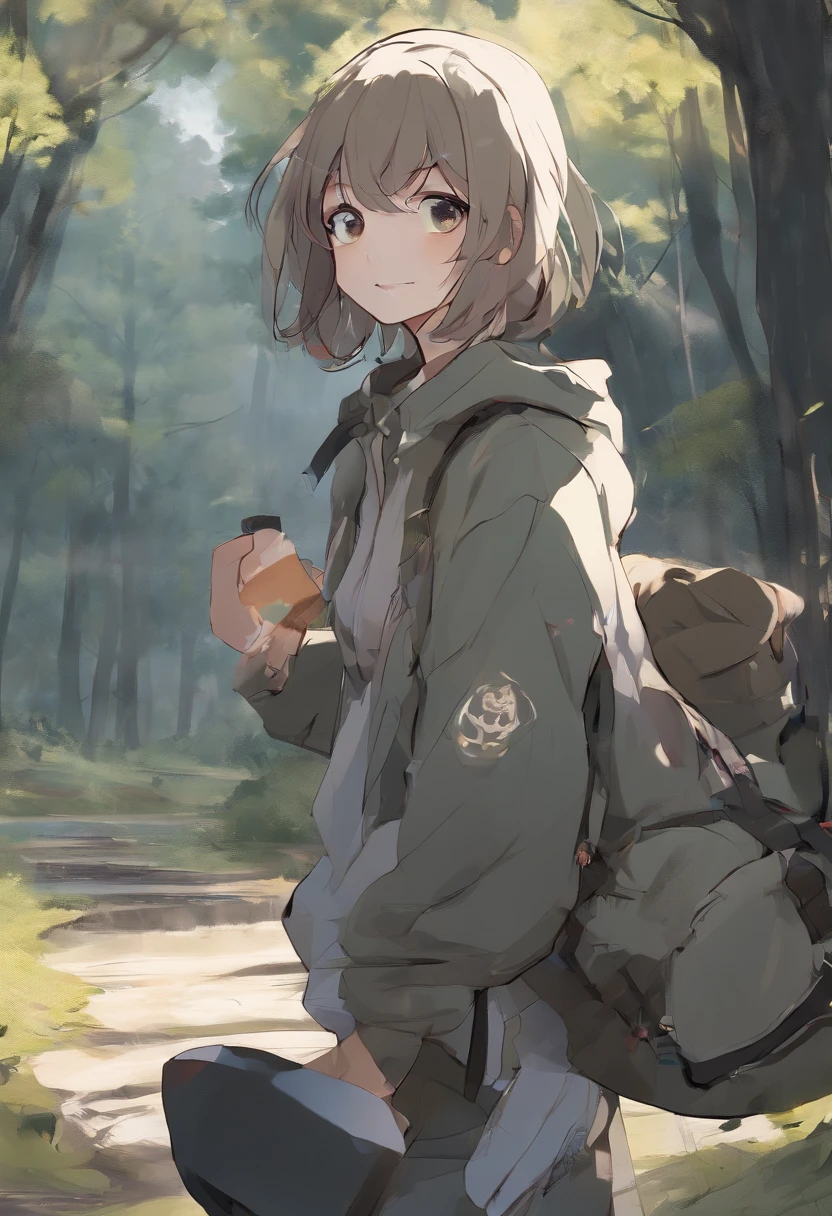 ((Top Quality, 8k, Masterpiece: 1.3)), Taiwanese Woman (1, 19 years old, smile, very detailed face and skin and hair texture, detailed eyes, double eyelids, white skin, beautiful delicate nose, light hair color, slightly longer bob cut hair, parka wearing, chinos wearing, mountain boots worn), overhead camera, sharp focus: 1.2, while emphasizing the subject's hair, eyes, mouth, action The composition is pleasing to the eye and thought-provoking. ⠀
ground, outdoor, (night), mountain, nature, (stars, moon) cheerful, wind, happy, backpack, tent, bonfire, forest, river, smoke, shadow, contrast, clear sky, style, (warm shades, warm tones), pleasant to the eye, while exuding melancholy emotions, characterized by a contrasting mix of calm tones and light and shadow, with dynamic angles, It is a thought-provoking composition.