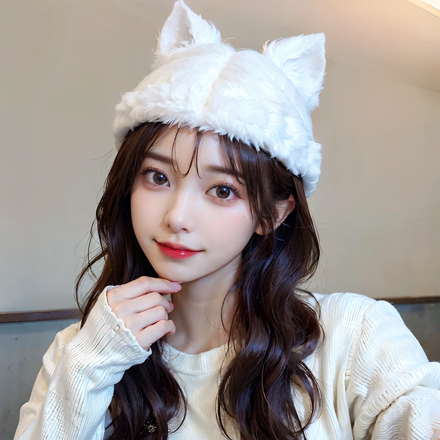 ((Best picture quality, 8K, tmasterpiece: 1.3)), perfect compositions,ulzzangs,Natural light lighting, A cute beauty with a perfect figure: 1.4, Slim big breasts, ((with short brown hair)) , (Upper body portrait,Highly detailed face,smiling expression,)white backgrounid,Sweaters, 18 years old cute