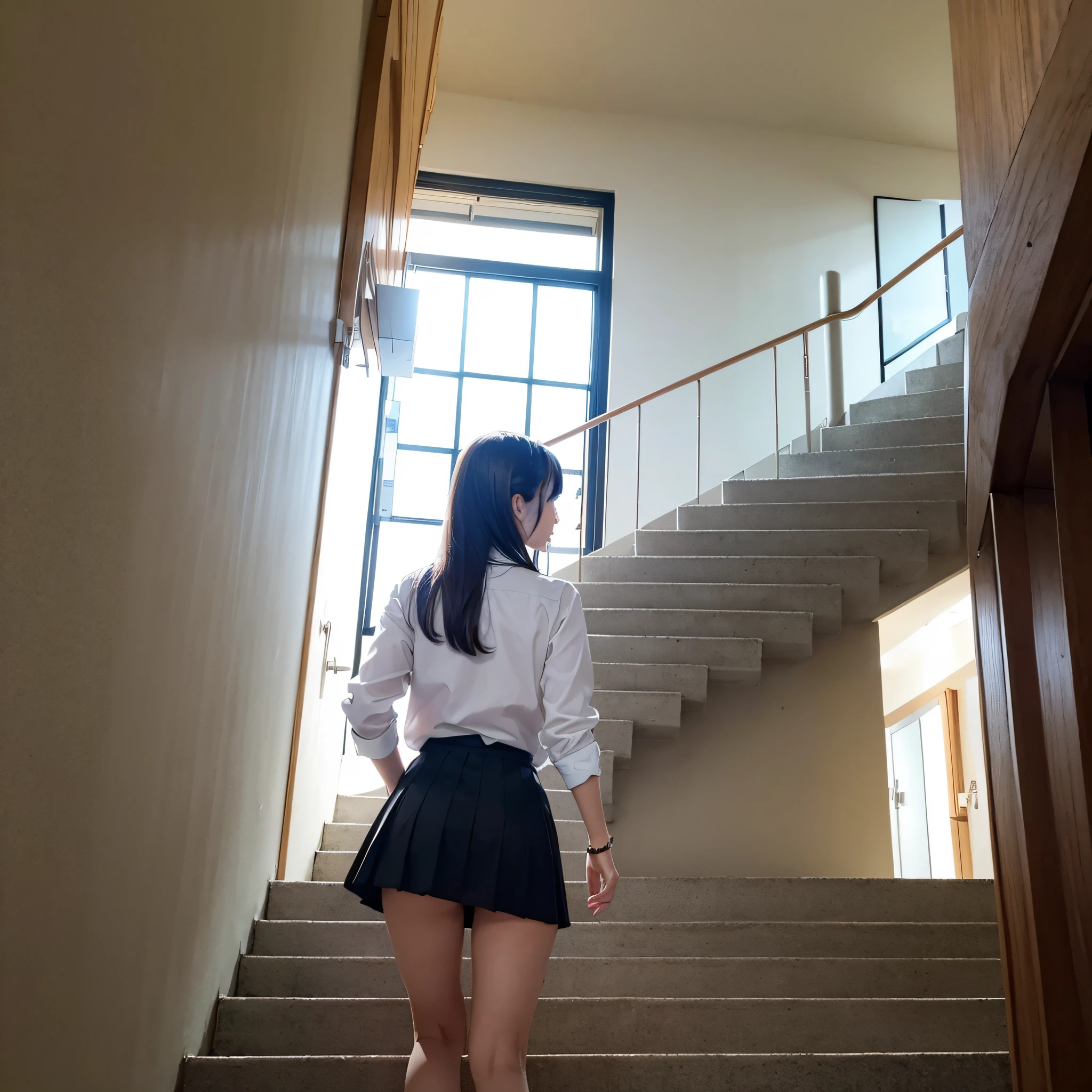 A dark-haired,japanes,校服,a miniskirt,NOWAI,large full breasts,Very cute eyes with your back turned,1 shot,Climbing stairs,Turn around at the top of the stairs,Viewed from diagonally below、8k、RAW Photography、top-quality、​masterpiece、realisitic、Photorealsitic、