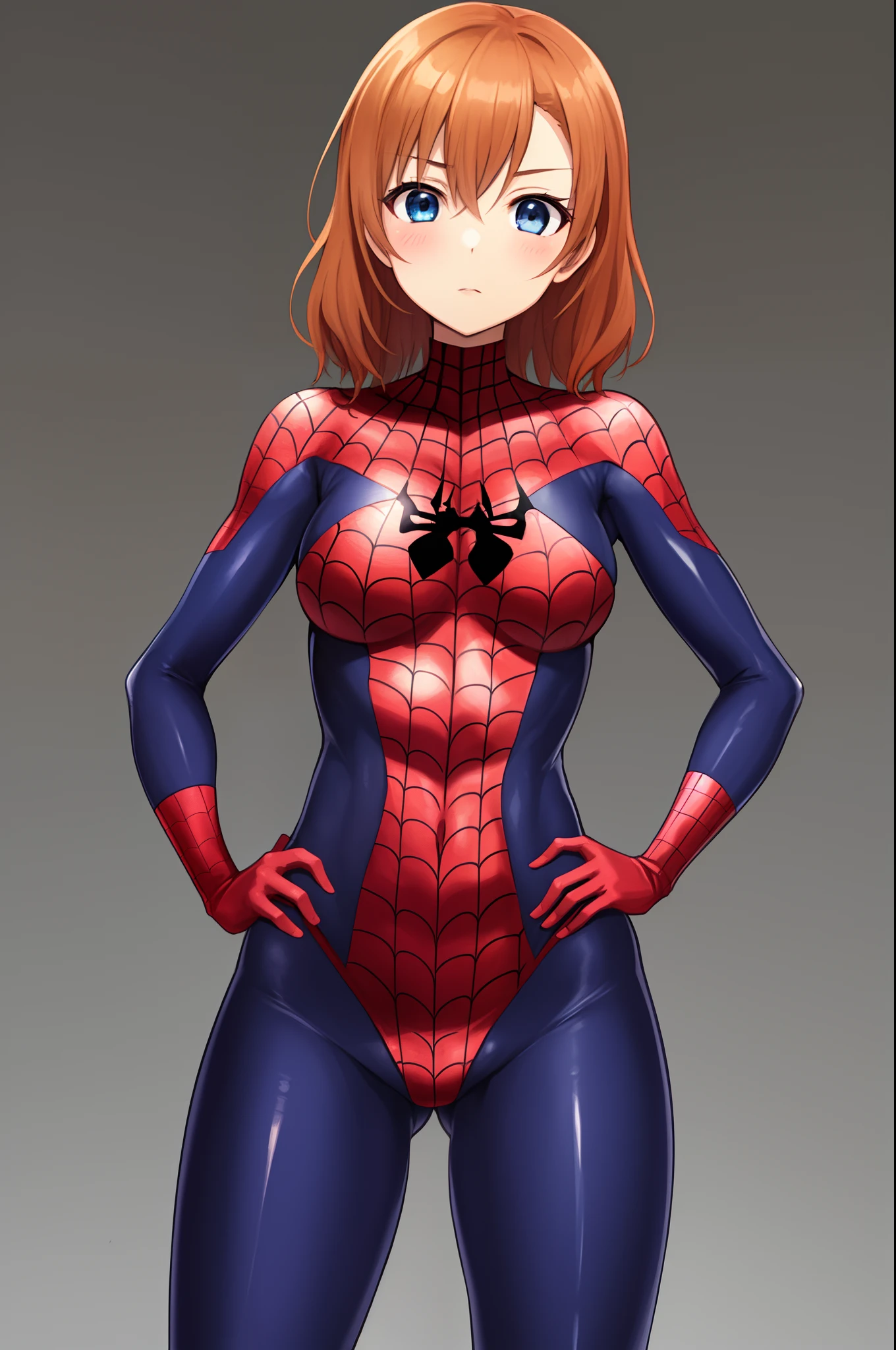 Kousaka honoka, blue eyes, (short orange hair:0.8), bodysuit, skin tight, skinny, Spiderman custom, standing,hand on hip