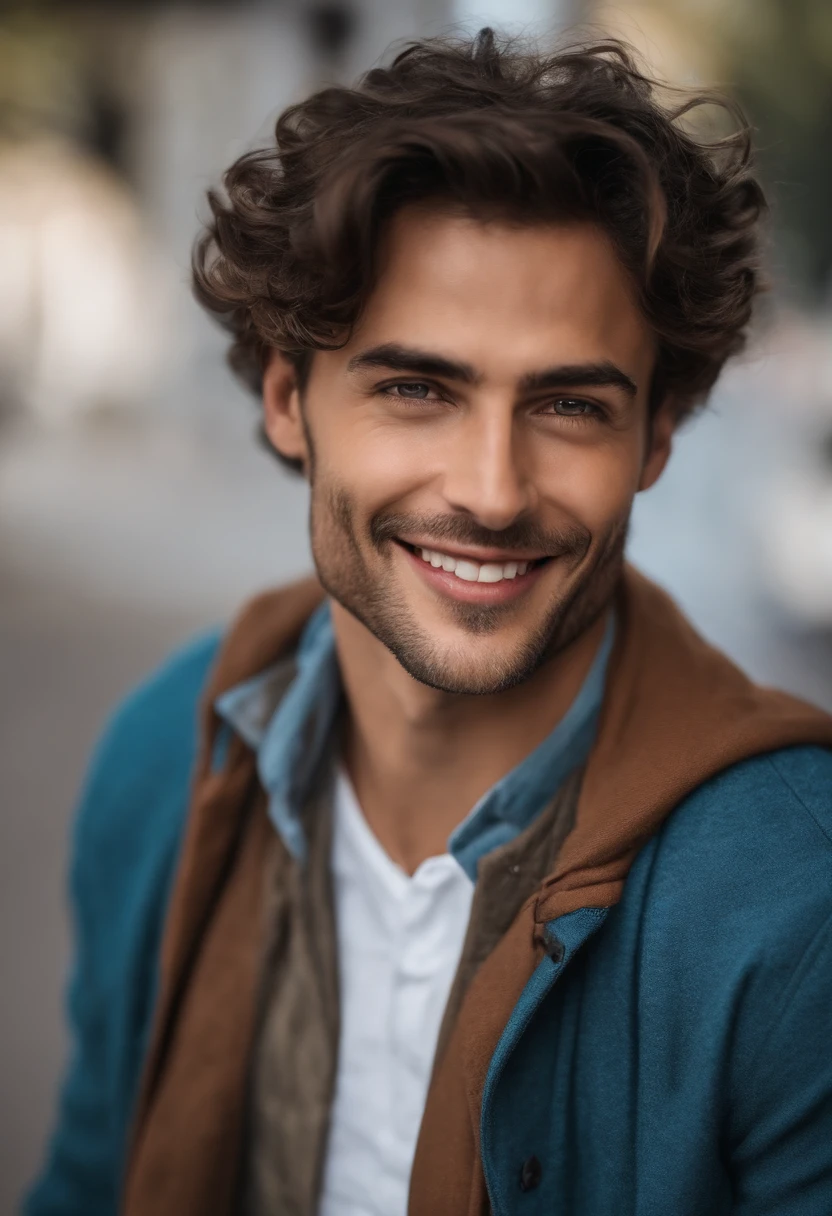 Le narrateur est un personnage qui nous regarde droit dans les yeux, avec une expression joyeuse et un sourire chaleureux. He wears modern casual clothes