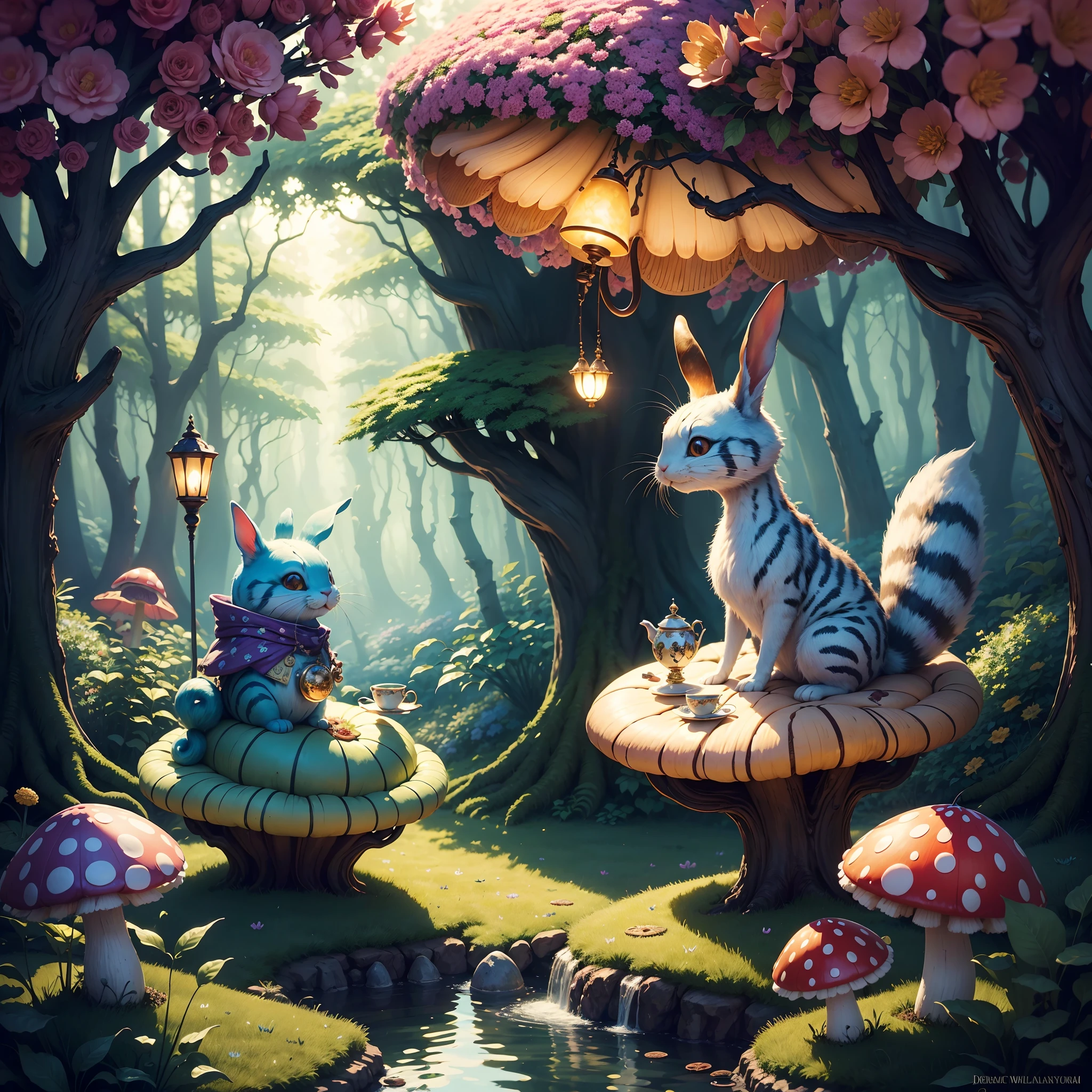 Best quality,4K,8K,A high resolution,Masterpiece:1.2,Ultra-detailed,Realistic:1.37,in wonderland,illustration,colorful landscapes,Rabbit hole,an enchanted forest,magic mushrooms,Curious Alice,Image in dreams,Whimsical characters,Break into a crazy tea party,Floating playing cards,Queen of Hearts Castle,Caterpillar on a mushroom smoking hookah,Curious creatures hiding in the bushes,Cheshire cat's mischievous smile,Dancing flowers and talking animals,Sense of painting,Surreal,imagination,Renaissance inspiration,Soft and warm color palette,dreamatic lighting