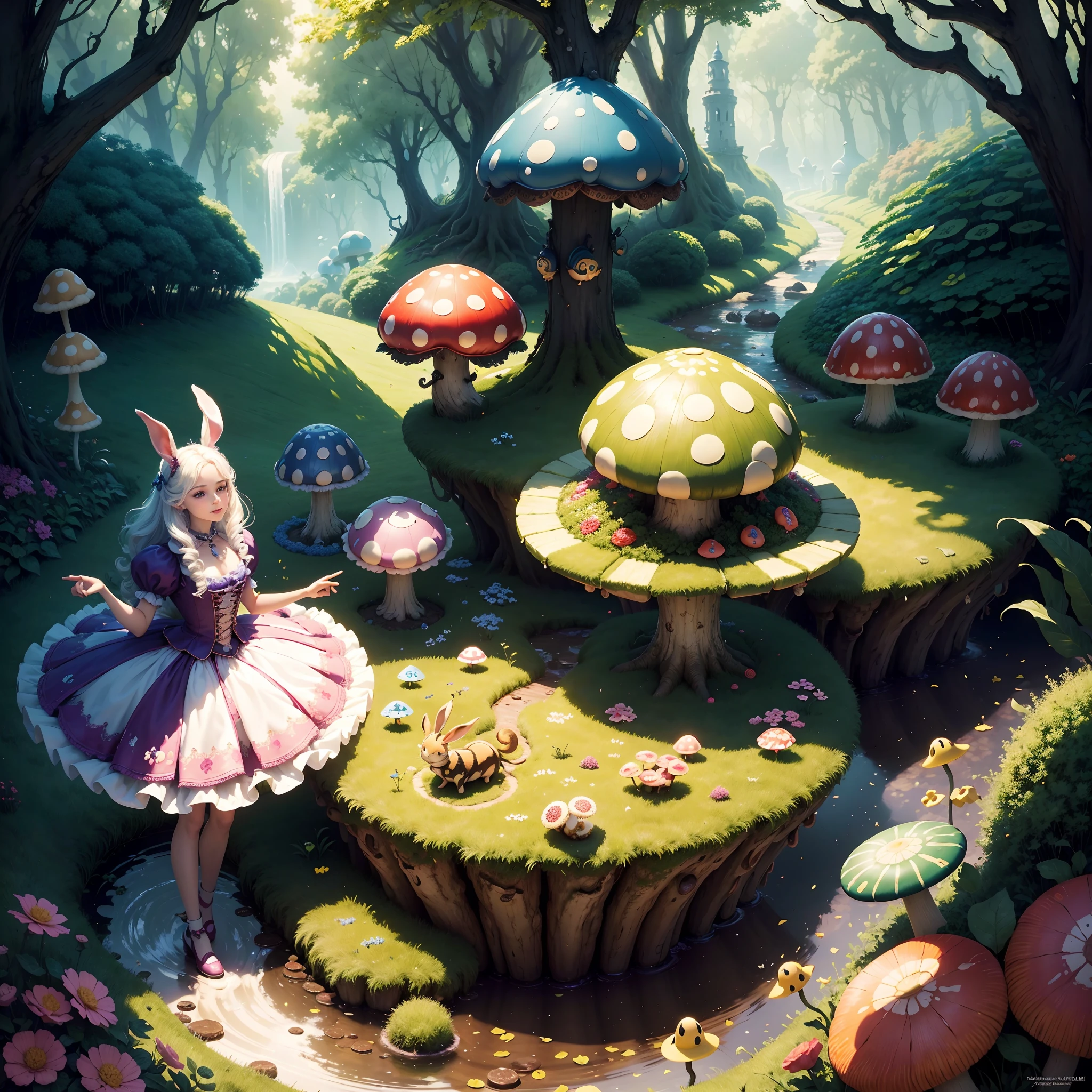 Best quality,4K,8K,A high resolution,Masterpiece:1.2,Ultra-detailed,Realistic:1.37,in wonderland,illustration,colorful landscapes,Rabbit hole,an enchanted forest,magic mushrooms,Curious Alice,Image in dreams,Whimsical characters,Break into a crazy tea party,Floating playing cards,Queen of Hearts Castle,Caterpillar on a mushroom smoking hookah,Curious creatures hiding in the bushes,Cheshire cat's mischievous smile,Dancing flowers and talking animals,Sense of painting,Surreal,imagination,Renaissance inspiration,Soft and warm color palette,dreamatic lighting