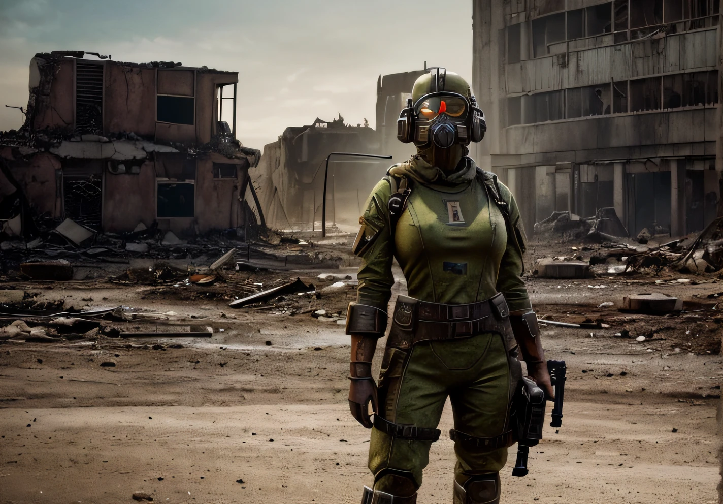 retrofuturism, destroyed buildings and cars, Fallout style, ((wastelands destroyed )), a woman, full body shot, ((looks at camera), (fallout, soldier costume:1.2), ,black fabric, fabric straps, superb dress , busty , woman wearing the dress , photography, detailed skin, realistic, photo-realistic, 8k, highly detailed, full length frame, High detail RAW color art, diffused soft lighting, shallow depth of field, sharp focus, hyperrealism, cinematic lighting, side picture