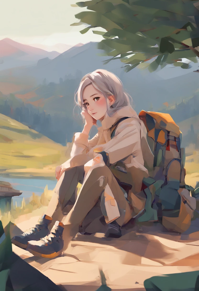 ((Top Quality, 8k, Masterpiece: 1.3)), Taiwanese Woman (1, 19 years old, smile, very detailed face and skin and hair texture, detailed eyes, double eyelids, white skin, beautiful delicate nose, light hair color, slightly longer bob cut hair, parka wearing, chinos wearing, mountain boots worn), overhead camera, sharp focus: 1.2, while emphasizing the subject's hair, eyes, mouth, action The composition is pleasing to the eye and thought-provoking. ⠀
ground, outdoor, (night), mountain, nature, (stars, moon) cheerful, wind, happy, backpack, tent, bonfire, forest, river, smoke, shadow, contrast, clear sky, style, (warm shades, warm tones), pleasant to the eye, while exuding melancholy emotions, characterized by a contrasting mix of calm tones and light and shadow, with dynamic angles, It is a thought-provoking composition.