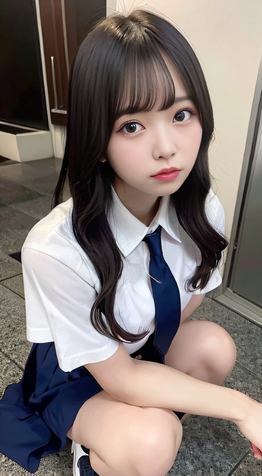 23years old, high-school uniform:1.2,Dark blue skirt、White Short Sleeve Y-Shirt、shortsleeves、neck tie、Raw feet、beauty legs、irate、glares、get angry、feeling of disgust、 masutepiece, 超A high resolution, (Ecstasy:1.0), 1girl in, (sobbing:1.0), Dark hair, Dramatic Lighting, female dog, Normal-breasted,