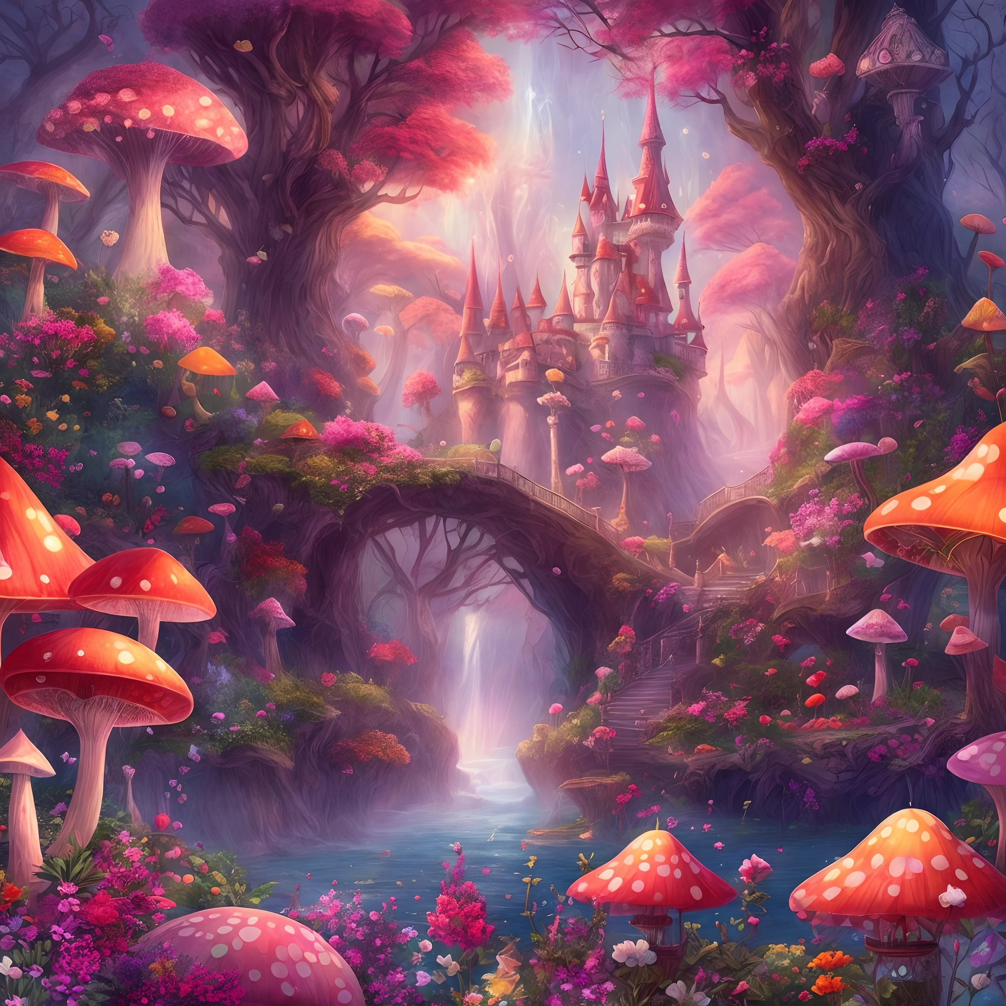 in wonderland,illustration,an enchanted forest,Magic and fantasy elements,sparklingfairydust,Image in dreams,bushes,Queen of Hearts Castle,blossoms,waterfallr,Mystical fog,magic mushrooms.Sense of painting,Surreal,imagination,Renaissance inspiration,Soft and warm color palette,dreamatic lighting,Exquisite masterpiece:1.2,Ultra-detailed,Realistic:1.37,Vibrant colors.