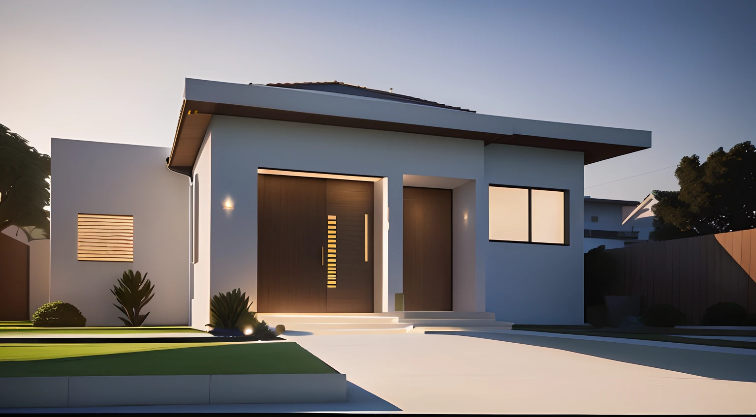There's a White House with a brown door and a green lawn, architectural 3 d render, architectural render, architectural visualisation, architectural visualisation, luxcore render, architectural render, design exterior, award winning render, exterior grande angular 2022, lumion rendering, highly photographic render, award winning render, digital render, 3 portas, render 3d bem iluminado
