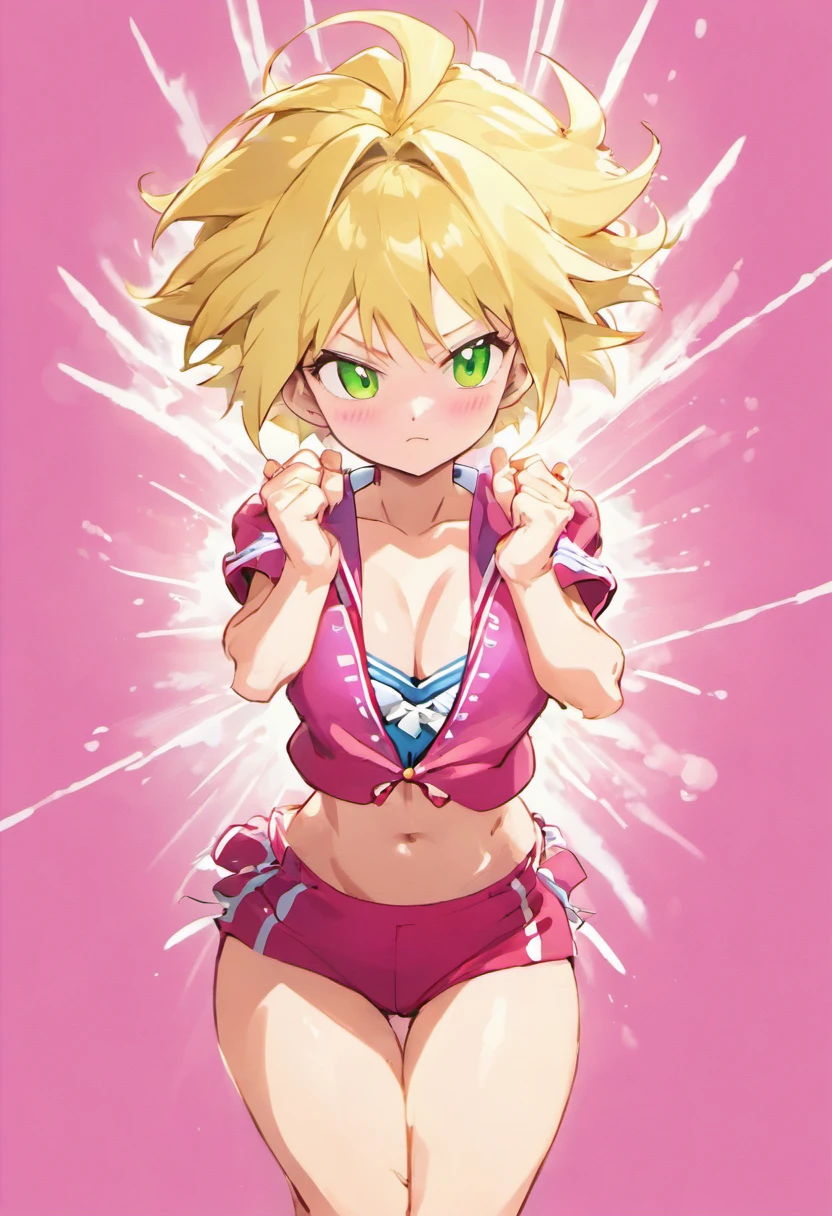 Beautiful illustration、highest qualityr、Cute girls、caulifla de dragon ball, woman super_saiyan, clenched fist, rayos al fondo, mujer sayajin, yellow_hair, green_eyes, 1girl, spiked_hair, energy, torn_clothes, joyas, aura, ropa roja, dramatic, acantilado, mirando al espectador、Un pelo amarillo 、longitud del cabello largo de sayajin 、cuerpo completo (((falda plisada rosa)))、(((Traje de marinero rosa)))、mangas cortas、Tetas colosales、un ombligo、Levantar la falda con las manos、Mostrar bragas blancas、Pull up your skirt and show your panties、con las piernas desnudas、ojos verdes、guerrera 、Muslos encantadores、muslo brillante, cuerpo completo, muestra pies, usa zapatos altos de tacon, cuerpo esvelto completo