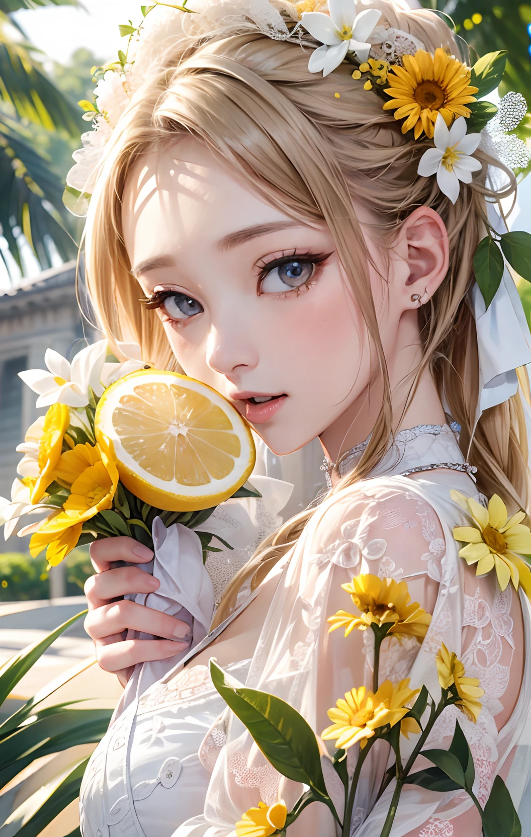absurderes, ultra-detailliert,bright colour,(8K:1.3),masuter piece,extremely beautiful detailed face and eyes, 25 years old,lemons、Yellow skin、Opening Mouth、Summer morning、Guibli、Valley、blue-sky