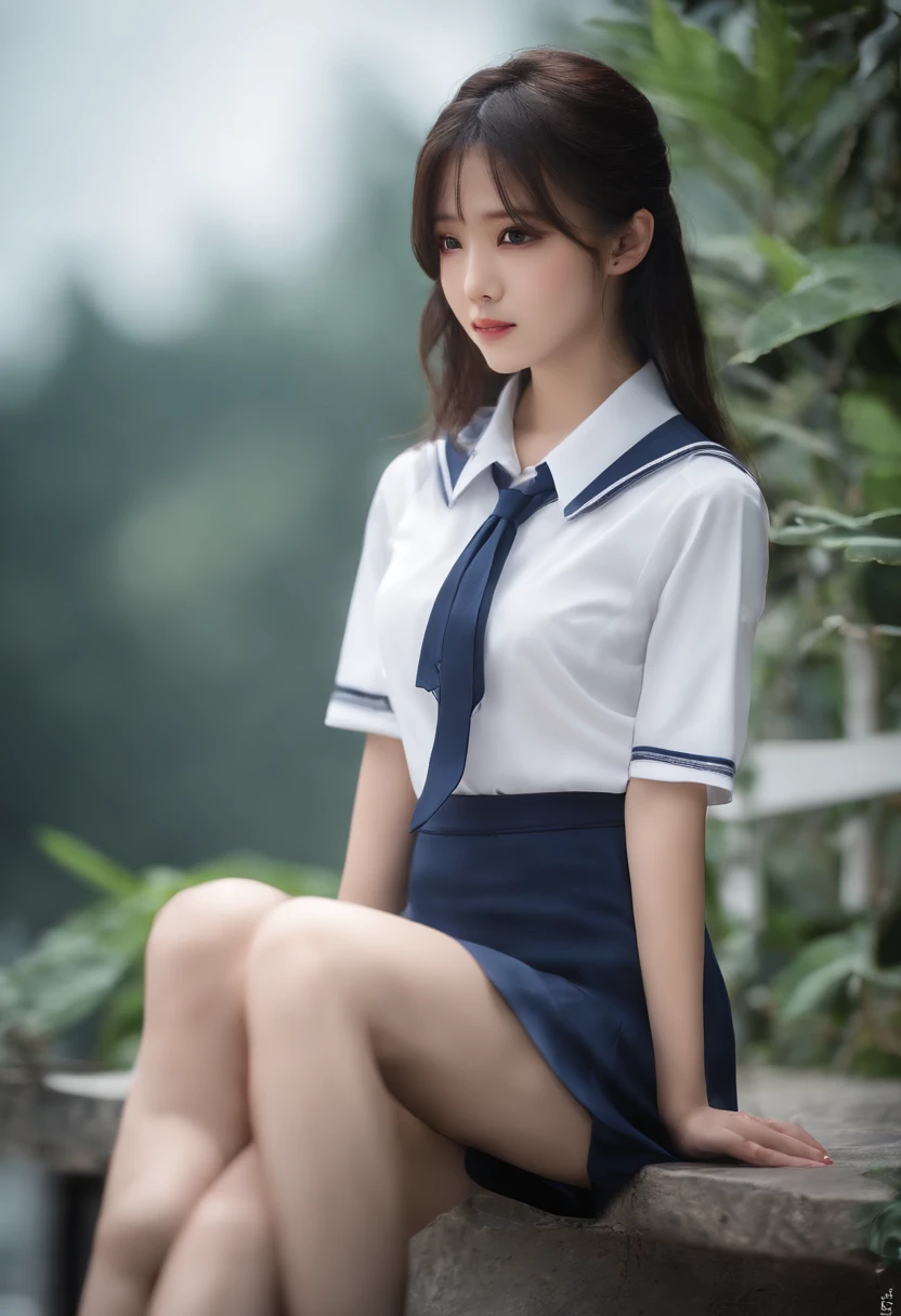 femele、23years old, high-school uniform:1.2,Dark blue skirt、White Short Sleeve Y-Shirt、shortsleeves、neck tie、full body Esbian、despise、looking-down、frombelow、Raw feet、beauty legs、irate、glares、get angry、feeling of disgust、masutepiece, 超A high resolution, (Ecstasy:1.0), 1girl in, (sobbing:1.0), Dark hair, Dramatic Lighting, female dog, Normal-breasted,