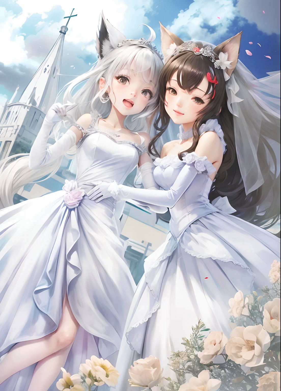 2gril, shirakami fubuki, ookami mio, wedding dress, realistic, ultra hd