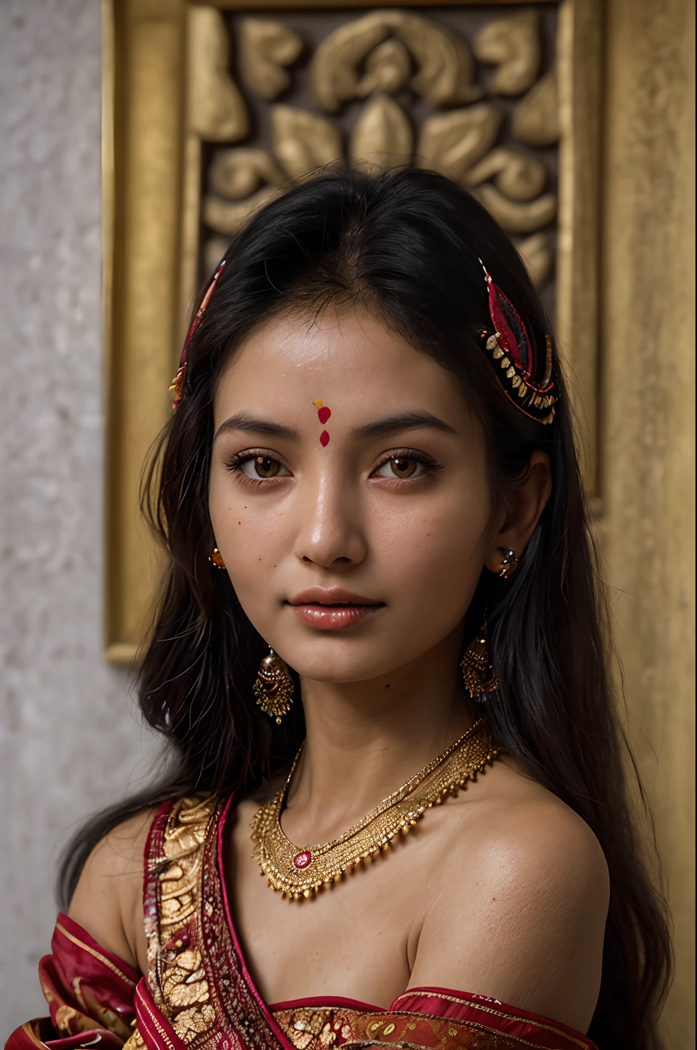 color photo of a Nepali girl, radiating beauty and grace. Her features are a captivating blend of elegance and natural charm. Her dark, almond-shaped eyes are framed by long, lustrous eyelashes, drawing you in with their depth and warmth. Her smooth, sun-kissed complexion glows with a healthy radiance, while her high cheekbones add an alluring touch of sophistication. Cascading waves of glossy, dark hair cascade down her shoulders, framing her face in a frame of natural beauty. Her attire reflects the rich cultural heritage of Nepal, adorned with vibrant colors and intricate patterns that celebrate the country's traditions. The camera captures her captivating presence, freezing the moment and preserving her timeless beauty. This photo is a testament to the captivating allure of Nepali women, their inner strength, and their unparalleled grace.