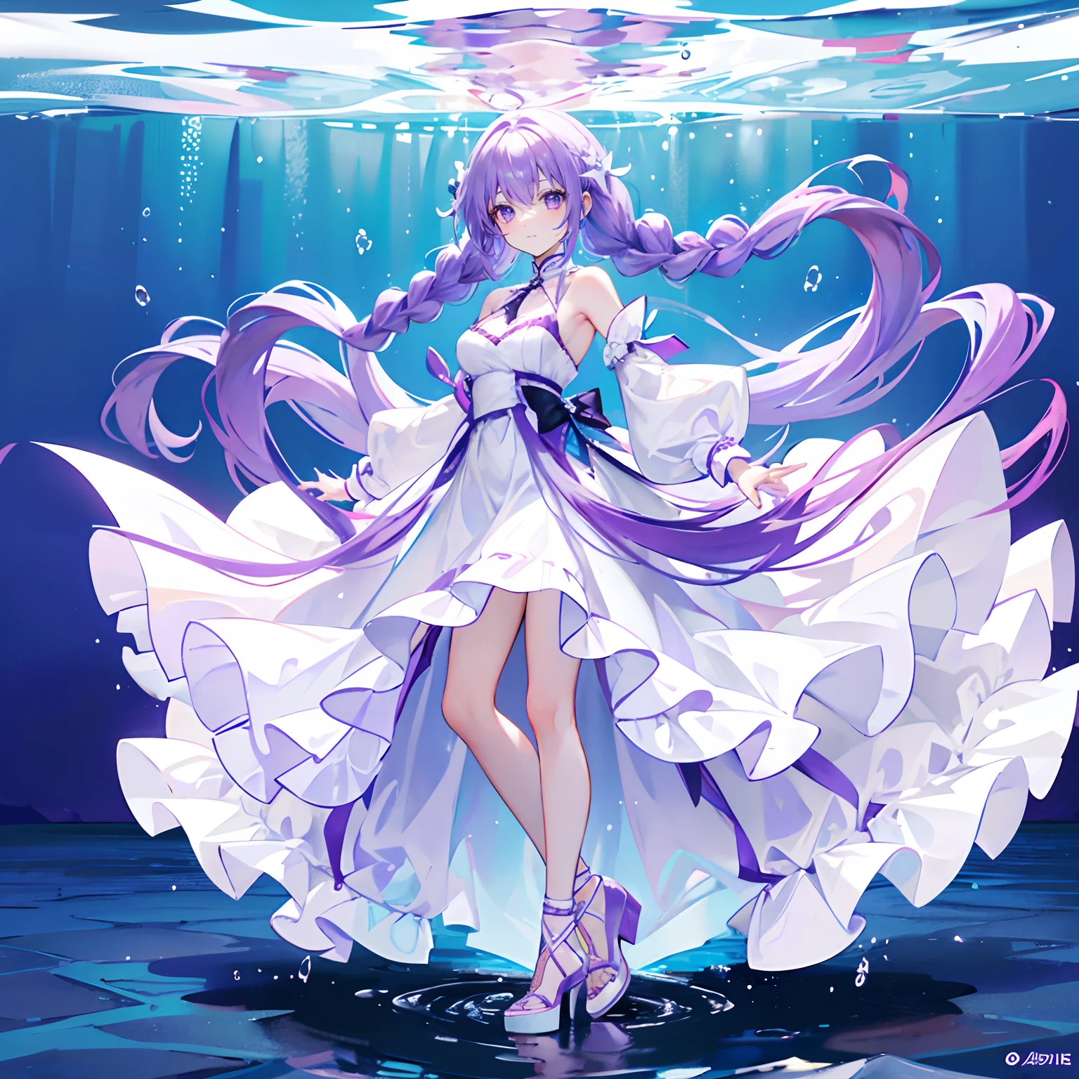 Purple colored hair，long whitr hair，Purple eyes，Twist braids，adolable，teens girl，White gorgeous beautiful dress，Wearing white high heels on his feet，Stand with your feet in the water，Full body photo from the side，All body，Fingers and arms are not exposed，background ocean，with blue sky and white clouds，Happy expression，Cute gestures
