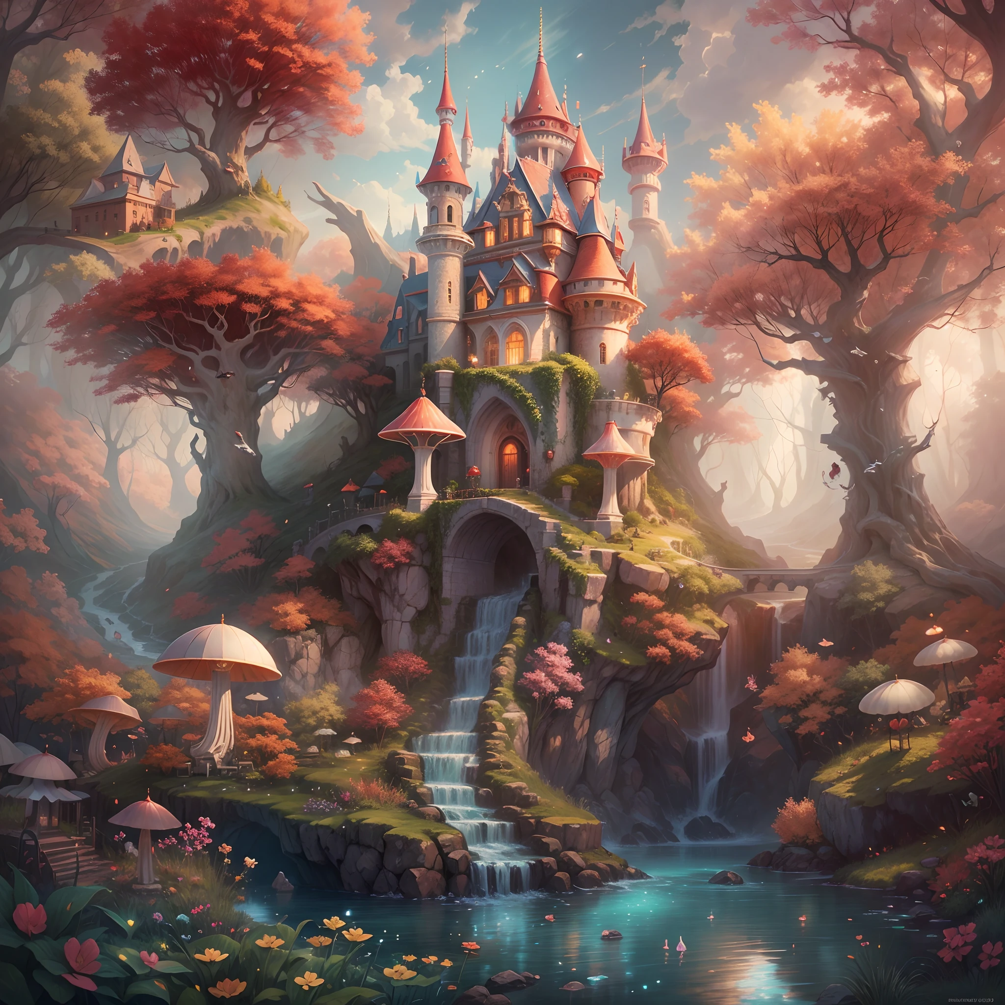 in wonderland,illustration,an enchanted forest,Magic and fantasy elements,Queen of Hearts Castle,sparklingfairydust,bushes,blossoms,waterfallr,Mystical fog,magic mushrooms.Sense of painting,Surreal,imagination,Renaissance inspiration,Soft and warm color palette,dreamatic lighting,Exquisite masterpiece:1.2,Ultra-detailed,Realistic:1.37。