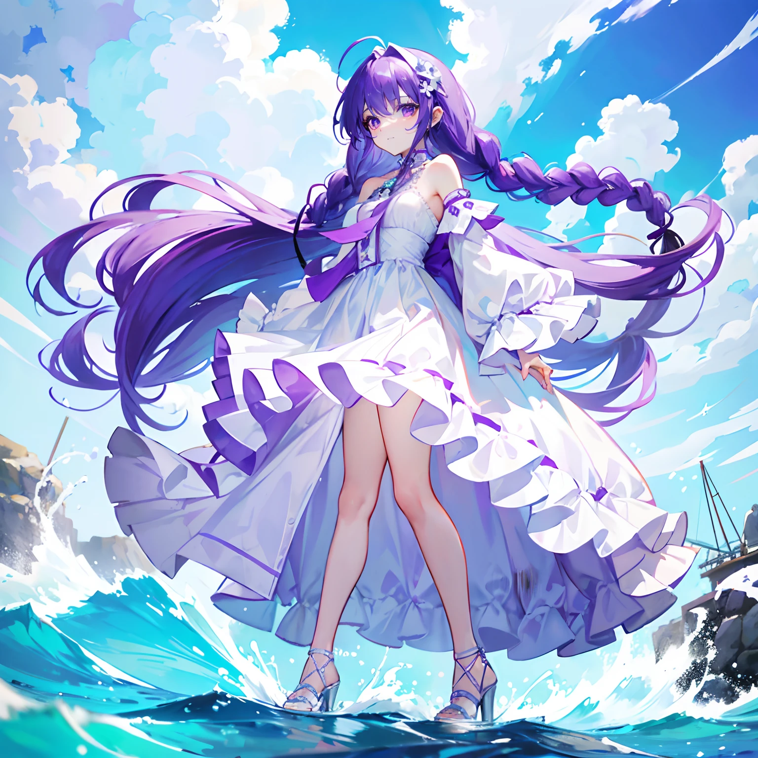 Purple colored hair,long whitr hair,Purple eyes,Twist braids,adolable,teens girl,White gorgeous beautiful dress,Wearing white high heels on his feet,Stand with your feet in the water,Full body photo from the side,All body,Fingers and arms are not exposed,background ocean,with blue sky and white clouds,Happy expression,Cute gestures