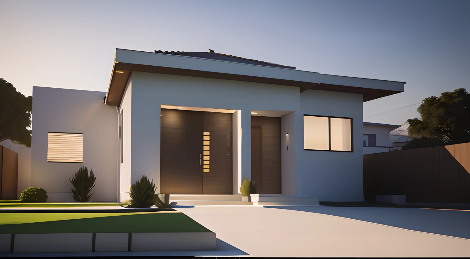 There's a White House with a brown door and a green lawn, architectural 3 d render, architectural render, architectural visualisation, architectural visualisation, luxcore render, architectural render, design exterior, award winning render, exterior grande angular 2022, lumion rendering, highly photographic render, award winning render, digital render, 3 portas, render 3d bem iluminado