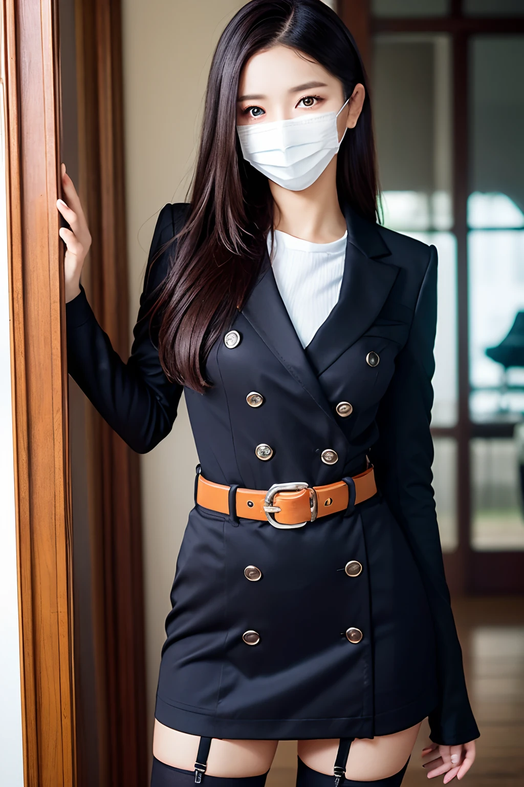 ​masterpiece、top-quality、The ultra -The high-definition、、colourfull、flat-colors、depth of fields、lens flare 1 girl、、A dark-haired、watching at viewers　　Cutter shirt　a belt　suspenders　working adults　materia　OL　Black Suit　Black jacket　glares　huge-breasted　a miniskirt　garterbelts　knee high　Stockings　Black Neeso Mask　Rat-colored eyes