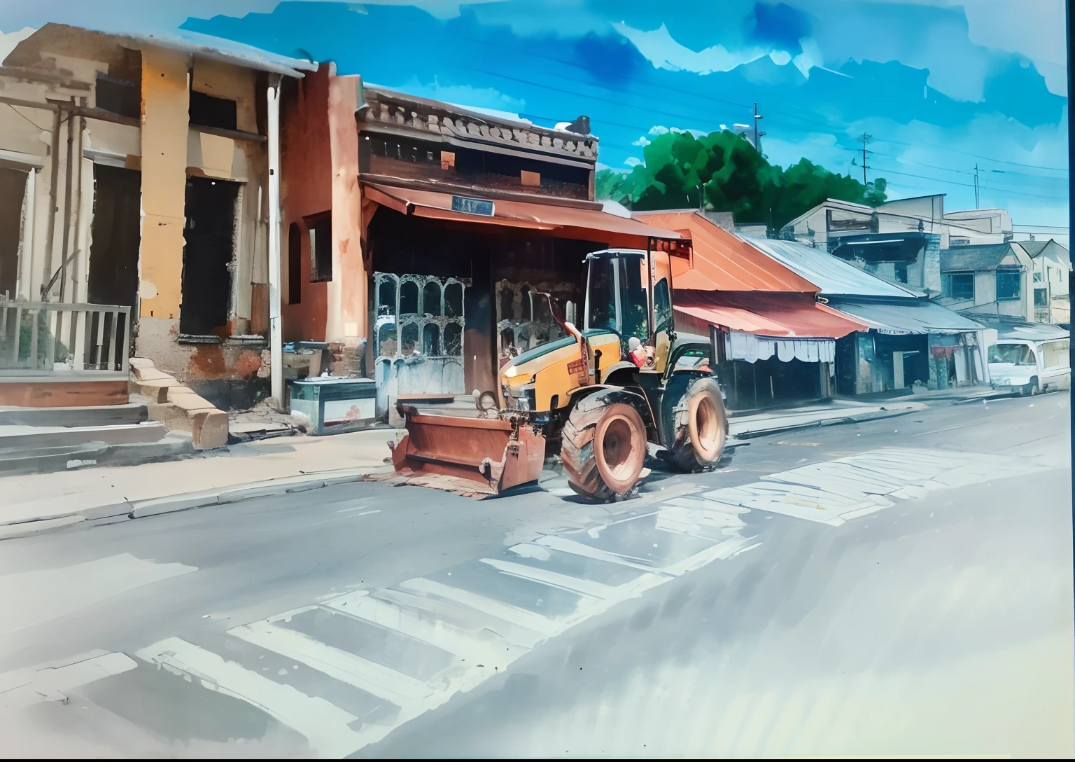 A street scene , tractor and building