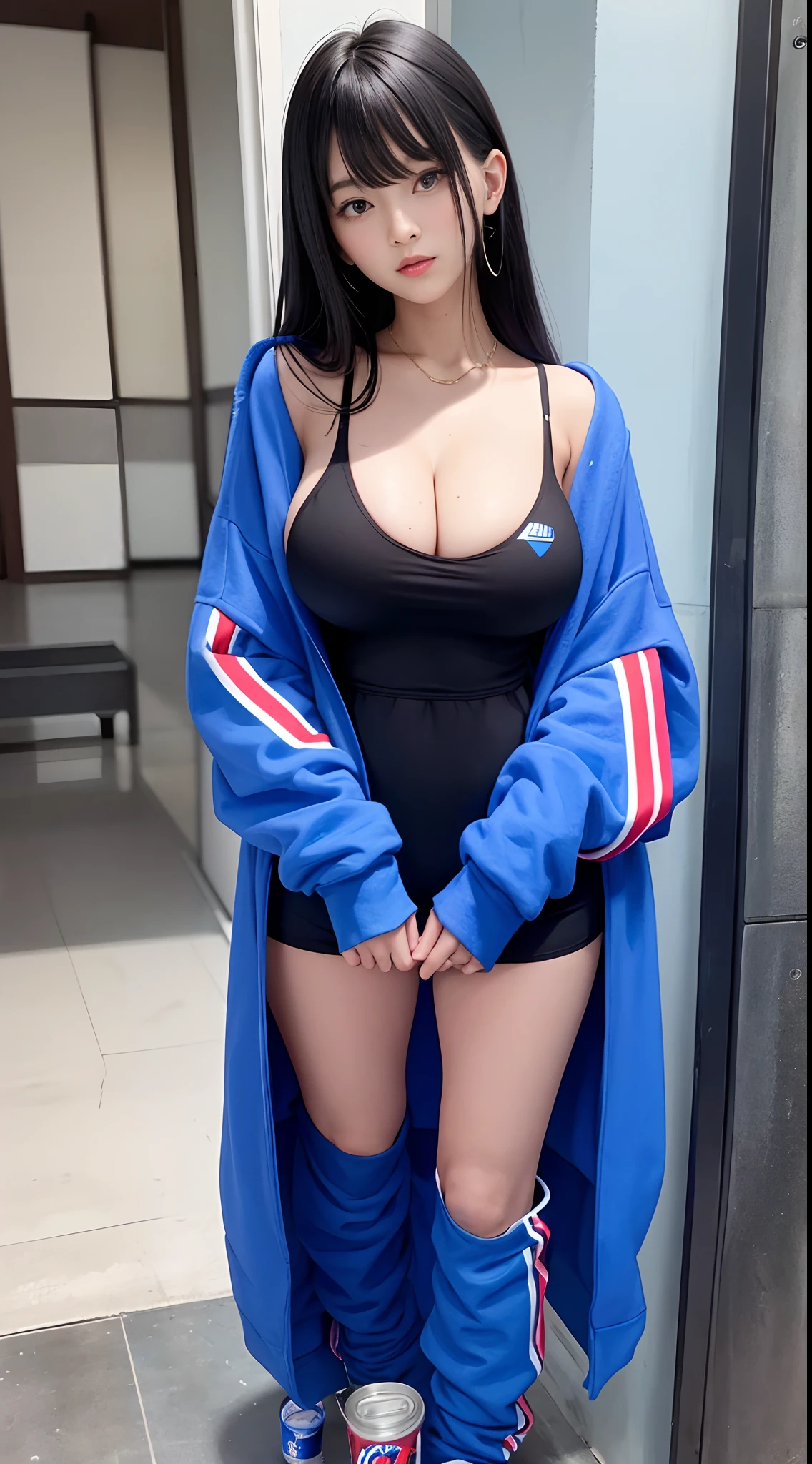 Alafe in blue hoodie with Pepsi can and drink, Wearing a blue hoodie, girl wearing hoodie, Blue Hoodie, wearing an oversized hoodie, wearing a neon blue hoodie, Wearing hoodie, oversized hoodie, Wearing a hoodie, japanese streetwear, Wearing a hoodie and sweatpants, black haired girl wearing hoodie, ulzzangs, in a hoodie, 🤤 girl portrait，japanes，femele，Female, 20 years old，huge tit