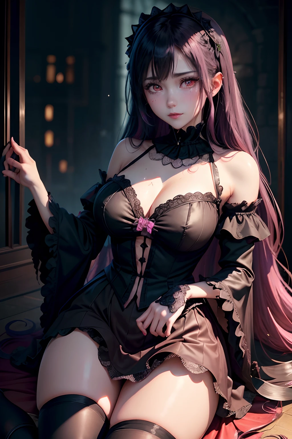 A sexy、A slight smil、garterbelts、knee high socks、panthyhose、Beautifying the world、Unhappy、Lament my night's fantasy、Transcendent beauty、Beautiful shape、wretched、ghosts、wraiths、Evil Spirit、Beautiful、boredom、Unusual beauty、Bewitching、Fornication、Hard Dark Gothic Makeup、Maniacal、Deep night sky、horor、twin-tail hair、Black Dark Eyeshadow、slaves、crying how bright、mourn、Sad songs、Good skin luster、Lace pink、Long hair straight hair、Dark Gothic Makeup、Dark smile、Restless Palace、Expressions of sexual arousal、Fragrant beauty、18year old、carriage、Lying、seductiv、 Strong sexual pleasure facial expressions、A look of shame、open the legs widely、Dark Gothic、Gothic lolita、Dark purple hair、masturbation、bell sleeves、Wizard Sleeve、Obscene look、Stained glass background、masutepiece、Best Quality、Ultra-detailed、Refers to 5 books、Sweat glitters on my chest、Glitter of sweat on your face、Massive sweat glitter on the thighs、Expression of sexual pleasure in anguish、Sweating profusely、Quite an inebriated face、maid clothes、Gothic Long Dress、Black ruffled skirt、Apply blush on cheeks、Pink atmosphere、Pink hair、bewitching poses、