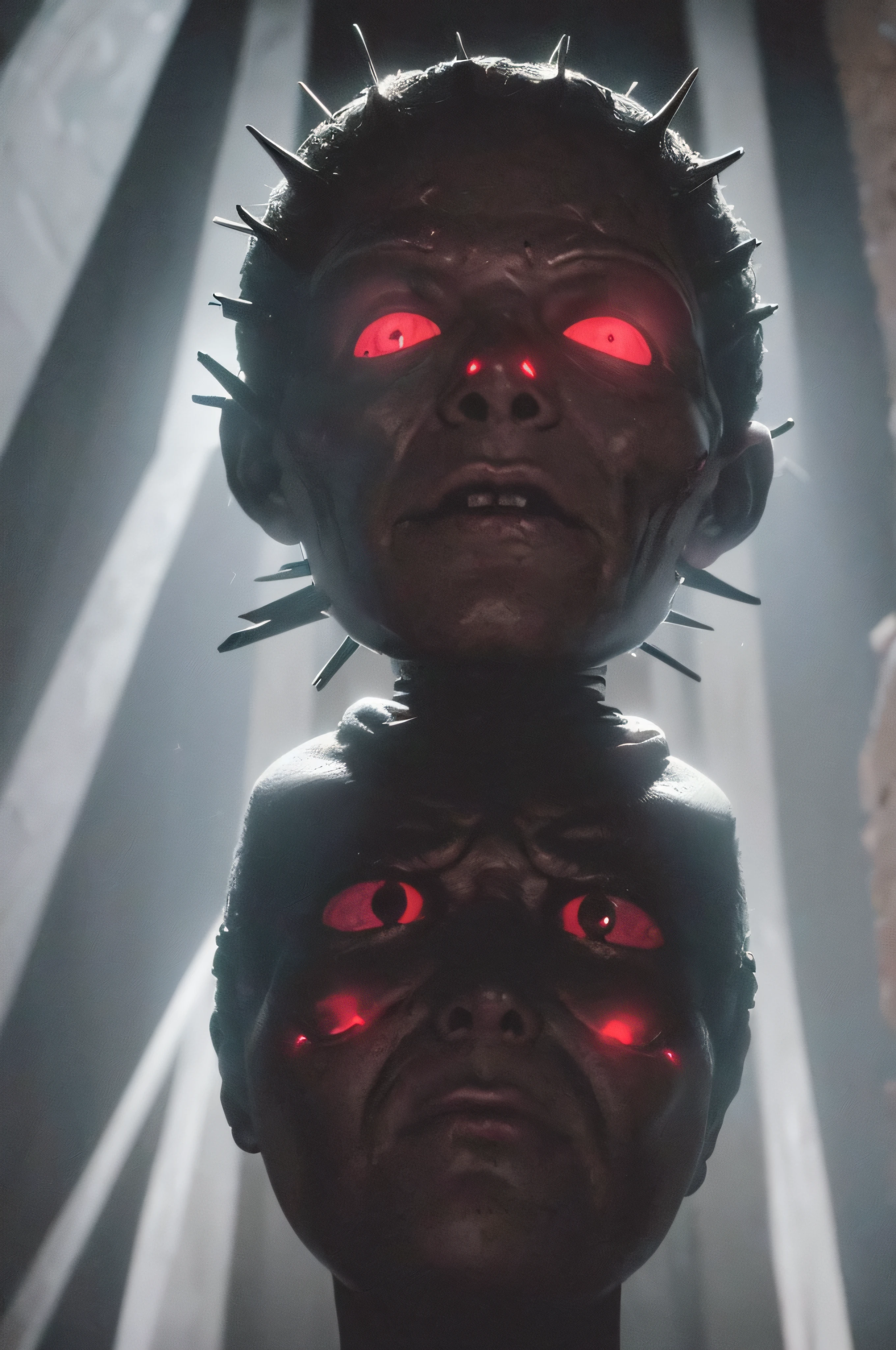"(The best lighting, oscuro, dramatic),(feto calavera alien, Hellraiser, Cicatrices, , sexy, cerebro, sangre, una rata dentro de la cabeza, terror.),(ojos rojos, calaveras). morning light.