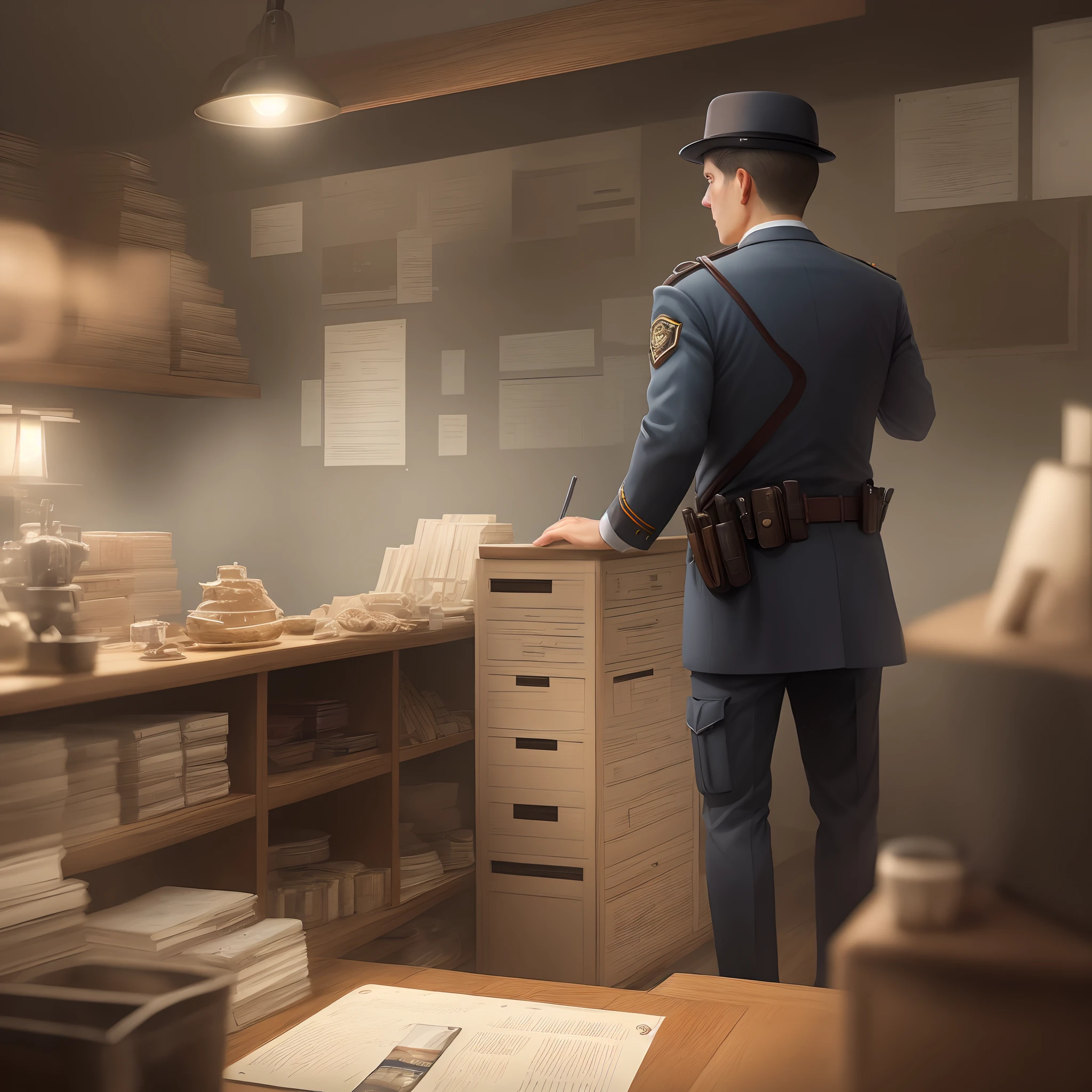 Detective searching for clues, highly detailed image,