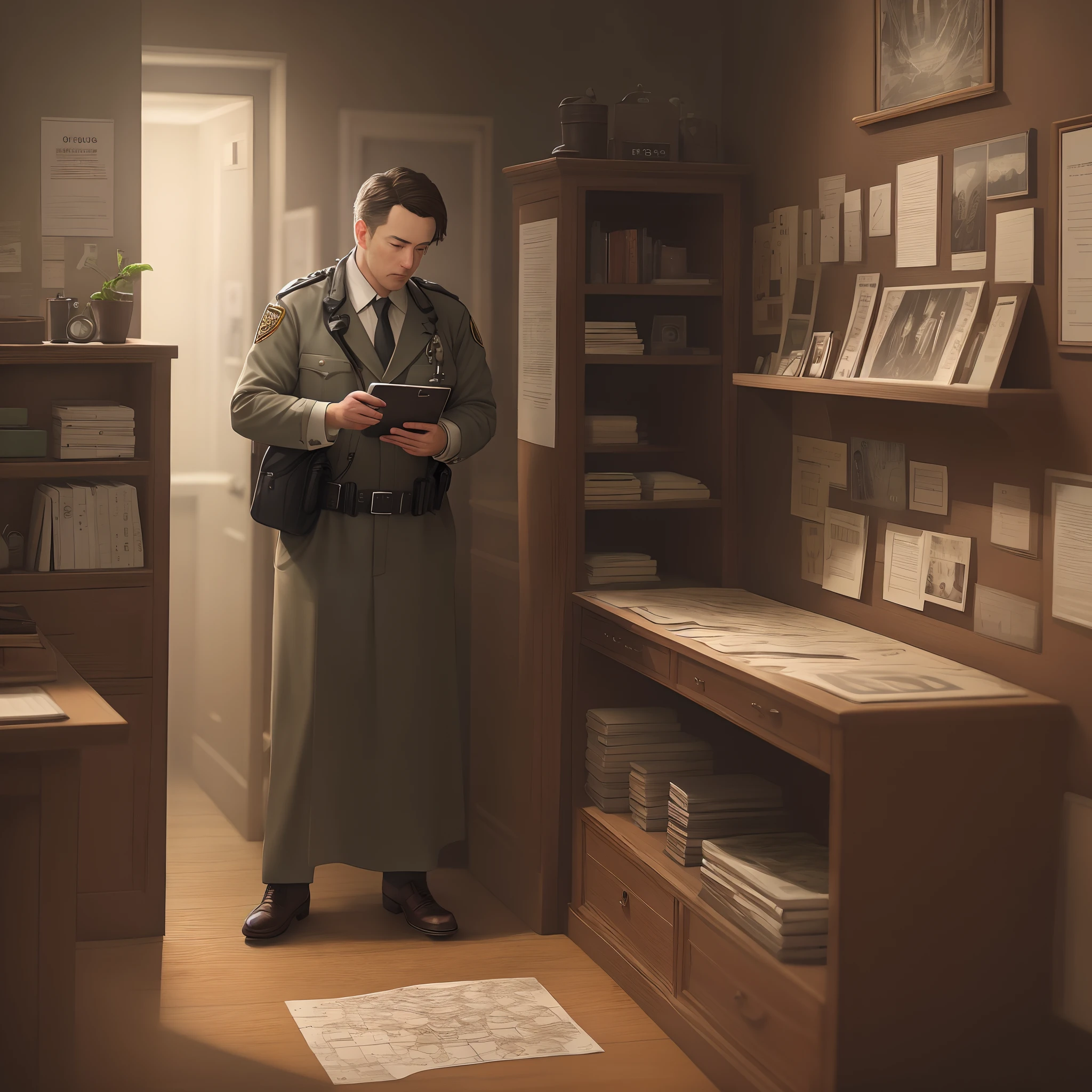 Detective searching for clues, highly detailed image,
